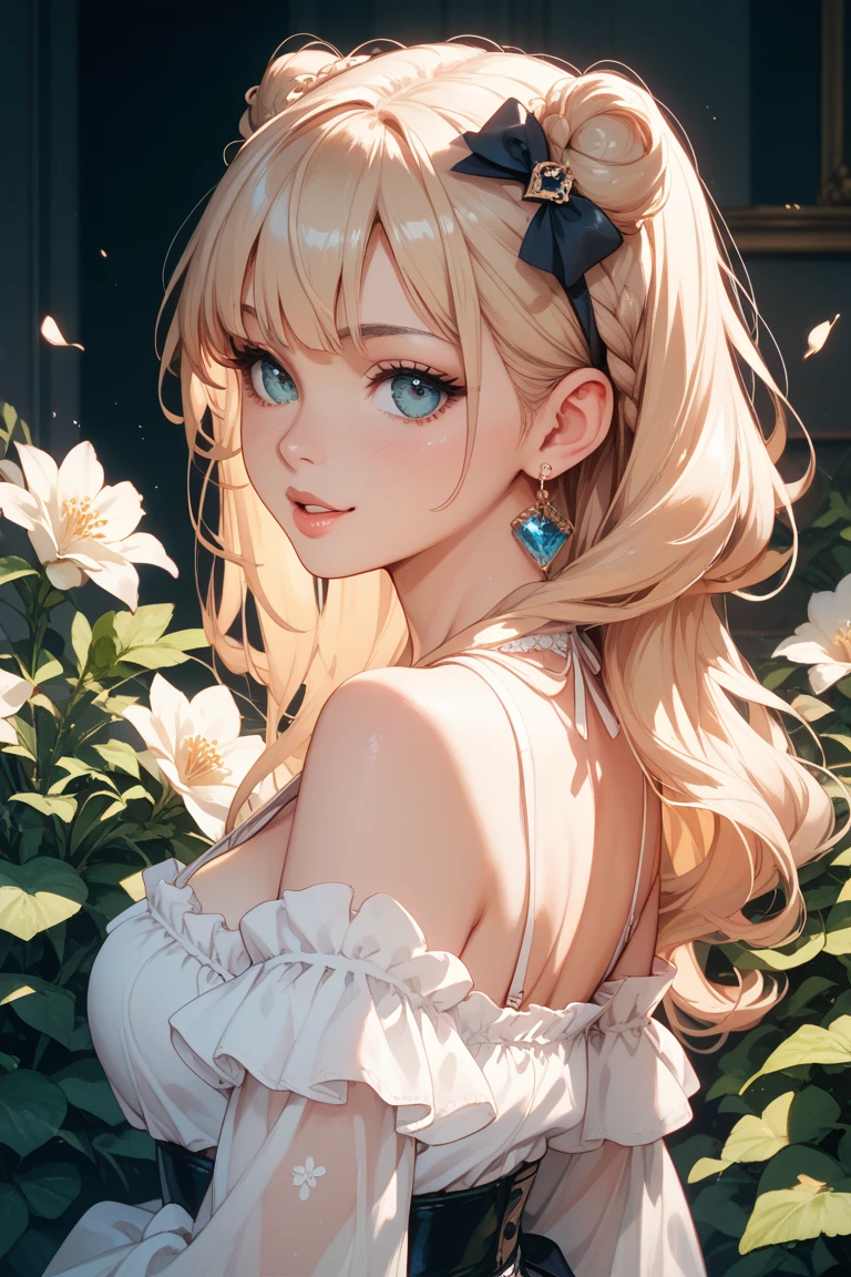 (masterpiece:1.2), (best quality:1.2), upper body shot, curvaceous but slender body, perfect eyes, perfect face, perfect lighting, 1girl, mature female in a field, medium blond hair, curly hair, detailed clothes, detailed outdoor background, makeup, eyeshadow, thick eyelashes, fantasy, looking at the viewer, spring
