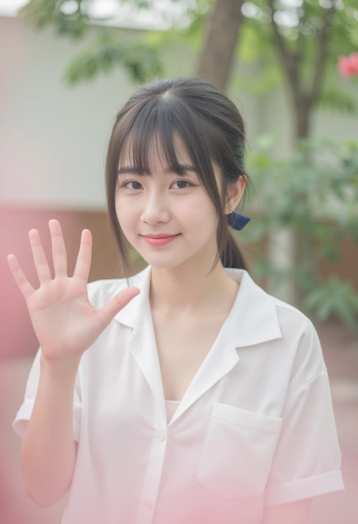 highest quality、shape、Very detailed、High resolution、Perfect dynamic composition、beautifully、Perfect hair with attention to detail、Natural color lip, smile、20-year-old girl、cute、(highest quality:1.3)、(masterpiece:1.3)、(The Very detailed:1.3)、(One Girl:1.1)、(Detailed hands and fingers:1.2)、Very detailedな光沢のある肌:1.1、smile、ponytail、University garden、The weather is good、Sailor suit、Pleated mini skirt、Big Breasts、Focus on cleavage、(Are standing:1.2)、bangs、Wet and shiny eyes、Looking into the camera、Small butt、