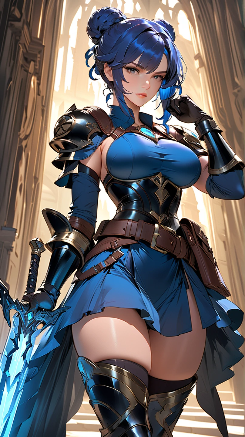8k, full body shot of woman in a Dungeon in zelda breath of the wild, blue eyes, blue hair braided hair, XL bust, Unreal engine 5, Anime, Game, masterpiece, looking at viewer, smiling, de facing spectators, holding guns.