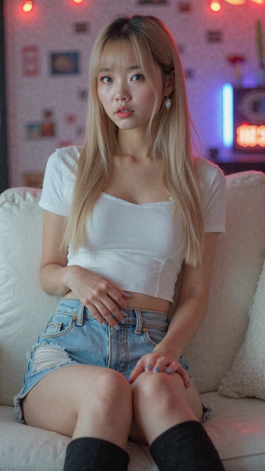 (very huge round breasts:1.6), (full body:1.3), (white bronze hair:1.3), ( t-shirt in small shorts:1.4), (wet:1.2), extremely delicate and beautiful, masterpiece, Best Quality, ultra high resolution, 16k, Photorealistic, ultra-detailed, Very detailed CG 8k wallpaper, Beautiful Lighting, Perfect Lightning, Realistic Shadows, anatomically correct, Detailed shiny skin, perfect figure, Latino, late 20s, Slim body, Slim abdomen, small head, handsome detailed woman, very detailed eyes and face, realistic face proportions, Stunning detailed eyes, Realistic small beautiful face, Realistic small beautiful eyes, double eyelids, makeup, tearful mole, mole on chest, earring, short wavy hair, cleavage, bare legs, Soft midriff, Fine Collarbone, beautiful and very thin legs, beautiful and very thin thighs, bare shoulders, bare legs, at hospital