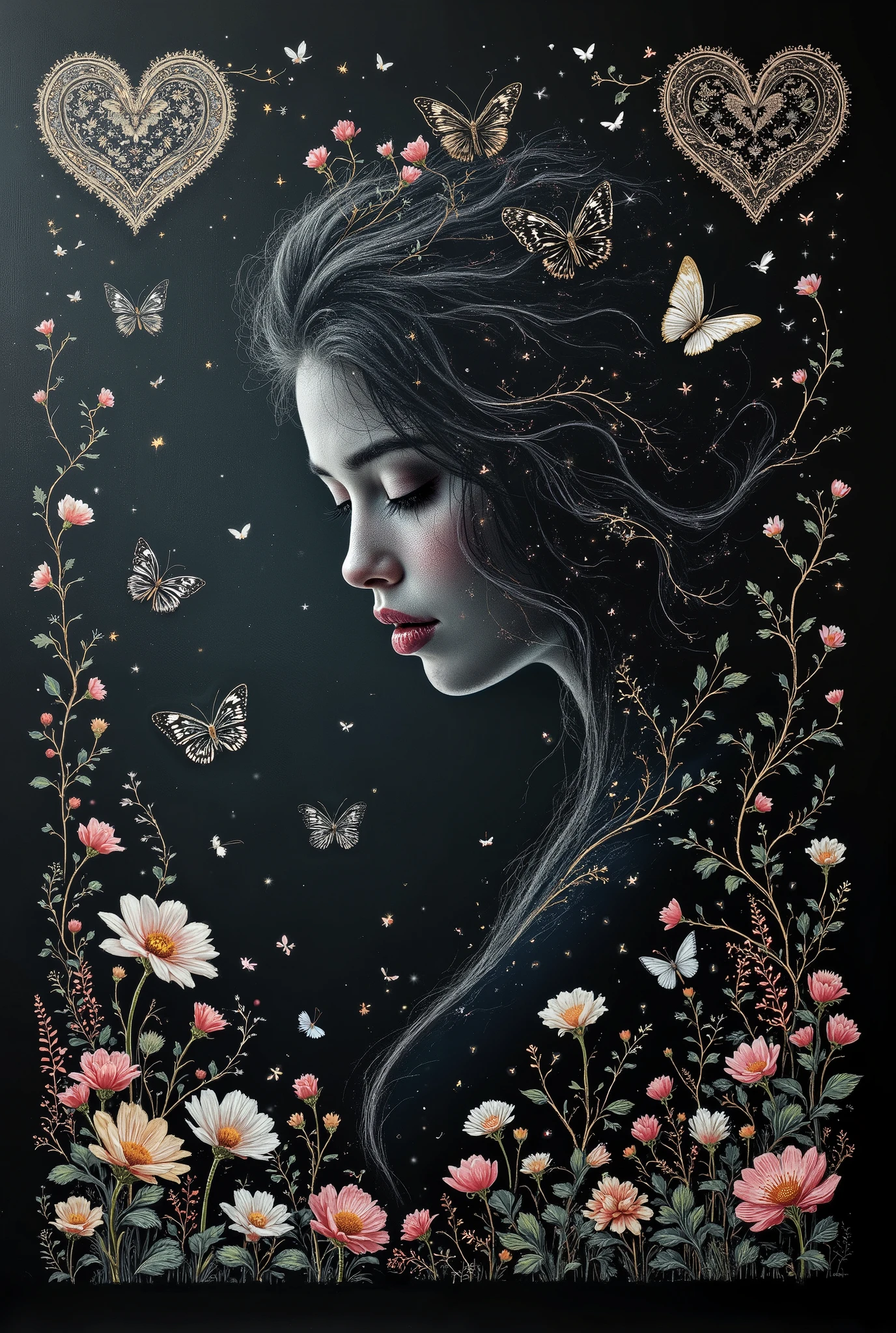 Painting of a woman with long hair and flowers and butterflies - SeaArt AI
