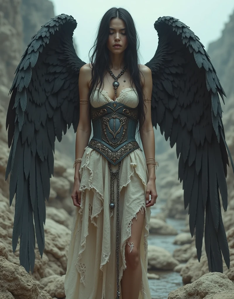 A girl in the image of a fallen angel with bone wings and a bone corset, black leather skirt, flying overhead,  tight panties, dark demonic terrifying, many details, gloomy atmosphere, extremely detailed, 8k, hyperdetailed, masterpiece