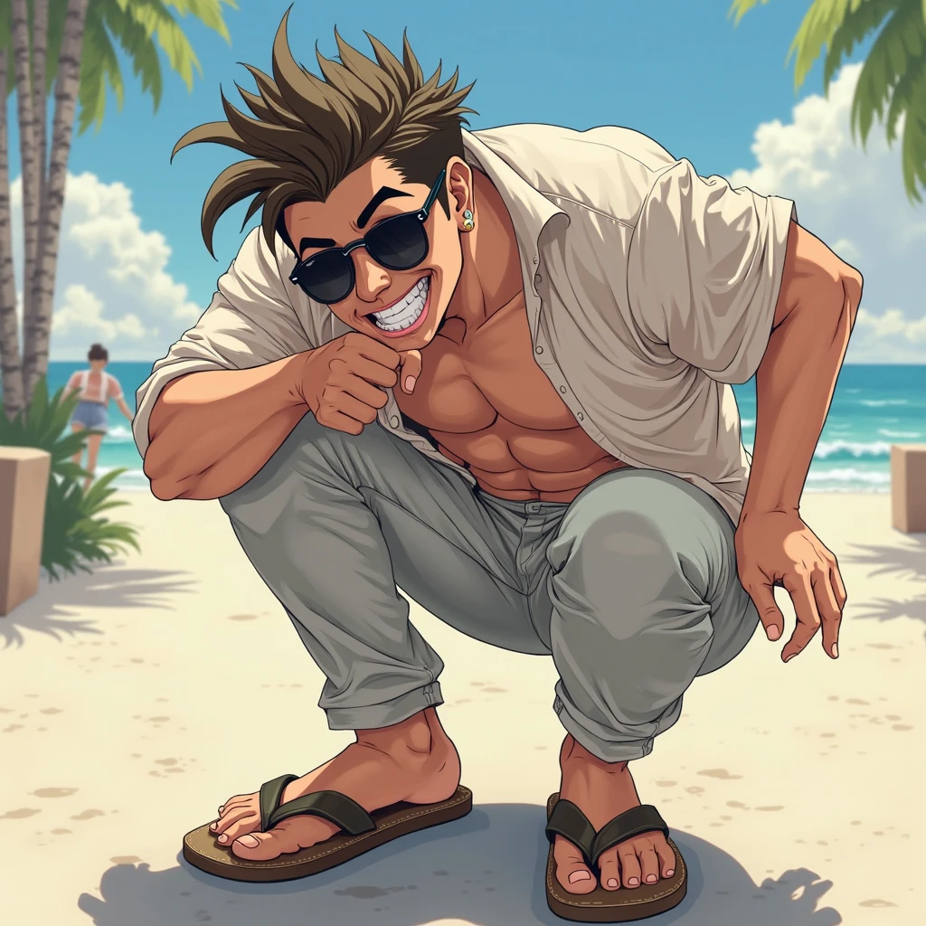 An anime character, with sunglasses a big smile and with a crouched ...