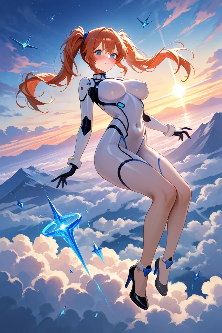 masterpiece, best quality, highres, 1girl, solo, superhero, leotard, bare legs, boots, matching boots, aura, blue aura, sleeveless, gloves, bracelets, matching gloves, looking at viewer, light particles, city backdrop, perfect hands, perfect eyes, powering up, perfect leotard, perfect legs, perfect arms, perfect fingers, white and red leotard, red hair, green eyes, medium breasts, medium hair,