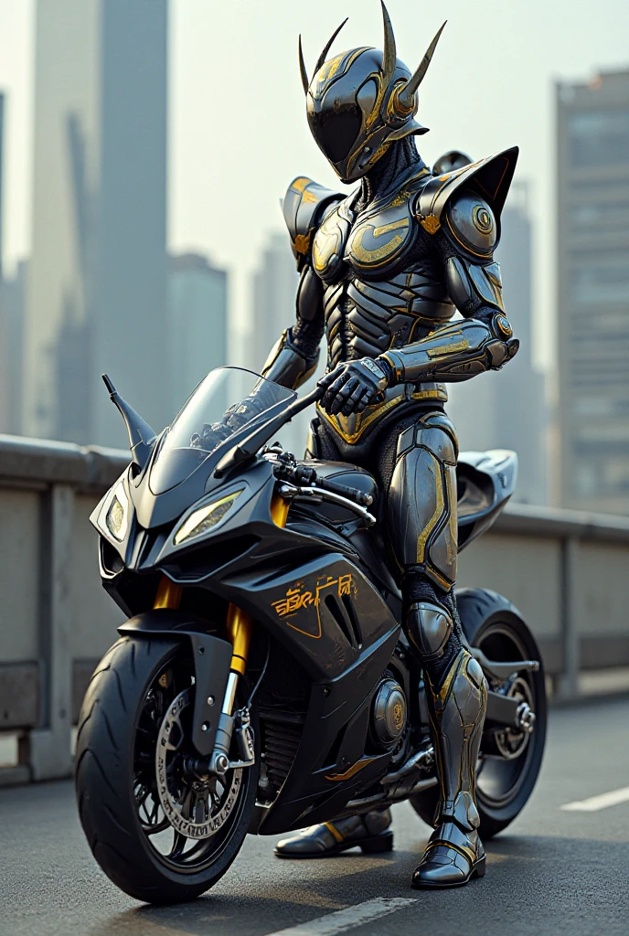 A man wearing kamen rider kabuto costum standing beside superbike and ...