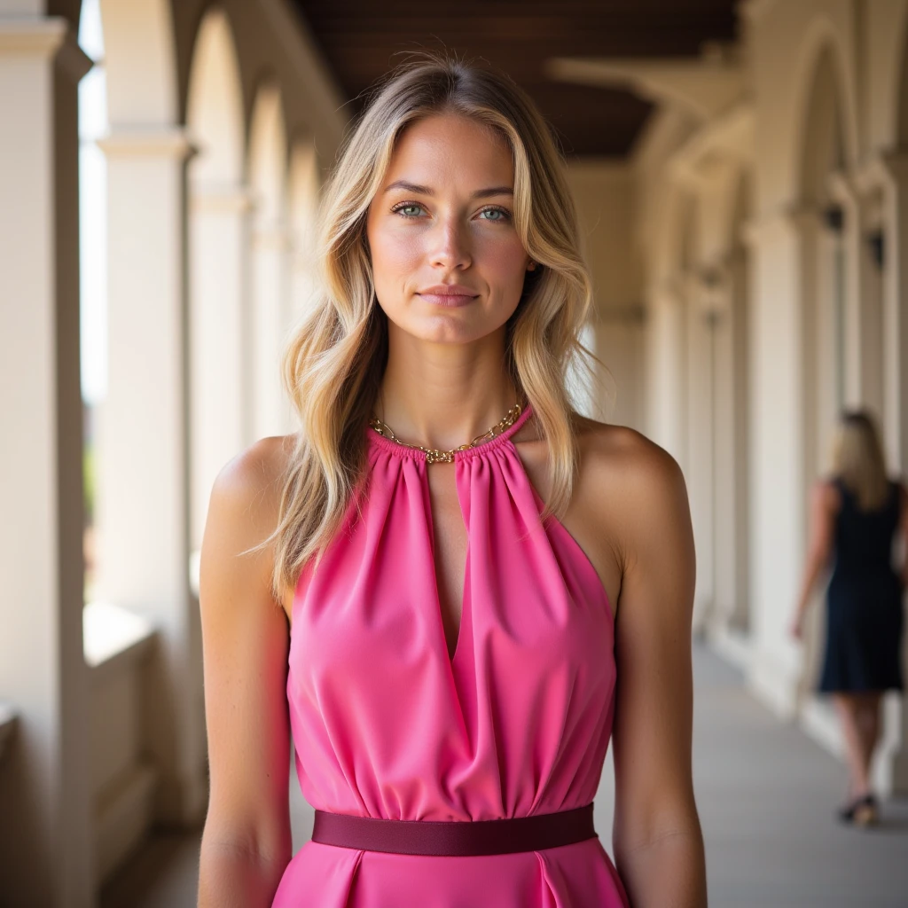 Generate a hyper-detailed 4K image showcasing the beauty of a woman in a pink midi dress. Ensure the photorealistic rendering captures the intricate folds of the fabric and her elegance with precision, natural lighting