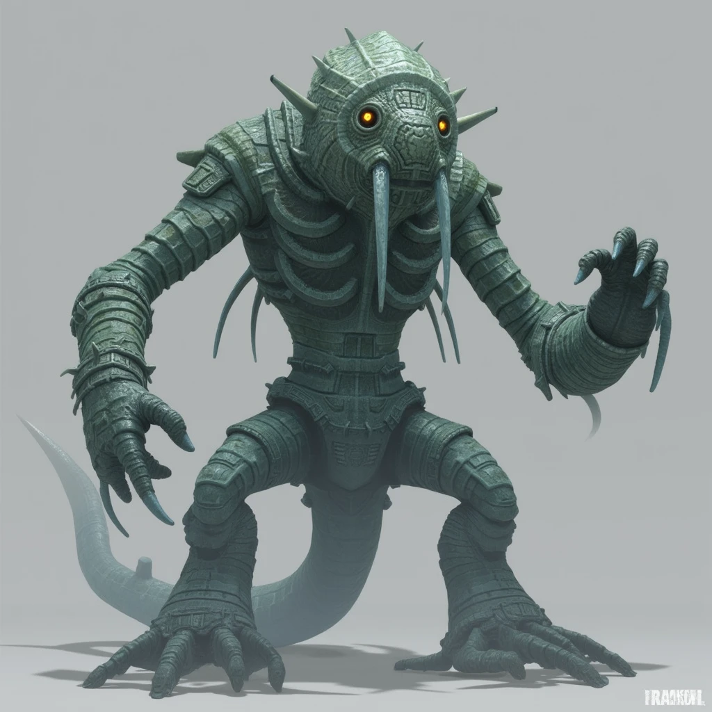 Snake with arms, remarkable old age, layer, macabre smile, and cane in left hand 