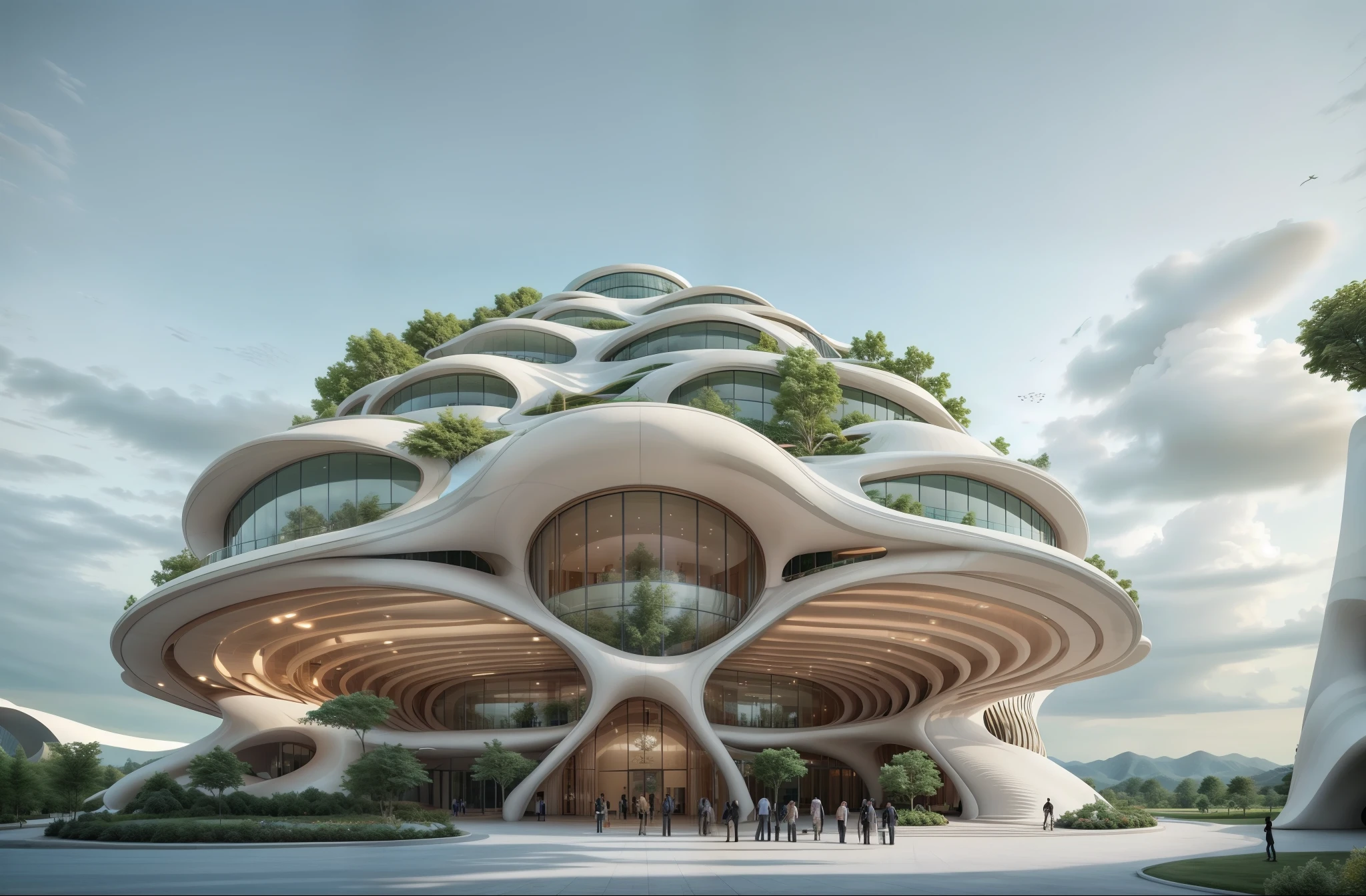 Meeting hall, inspired by shape of wide tree, Cultural center design, flawless, realistic, realistic, people around the building,