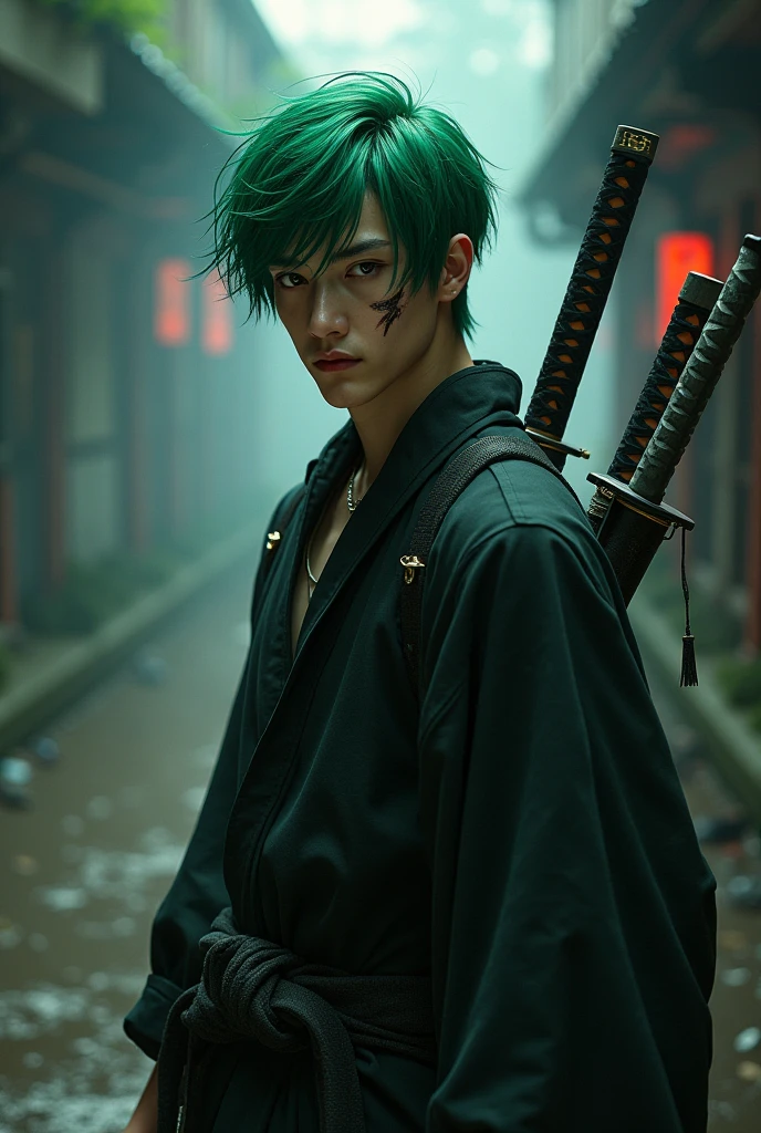 masterpiece, Highest quality, Realistic, Cinematic, Detailed face, 8k, Ultra-high resolution, シャープなフォーカスmovieのような写真 , Highest quality, Super detailed, 8k, mysterious, Messy green hair, 35mm photo, movie, Bokeh, Professional, 4K, Very detailed、male、Topless,Very ugly、Dirty skin,movieのような雰囲気、Big black pants,The green hair is messy,、Has two sickles、Very dirty、The background is an abandoned old Japanese town.、Japanese、Surprisingly skinny,There are many warts on the face、Skin and bones,Big black pants,There are many warts on the face、Morbid thinness、Has two sickles、Very scary、不気味なmale、The eyes are small and droopy,The nose is very low and flat,Mouth open,Shark-like teeth,Pure white, bloodless skin,