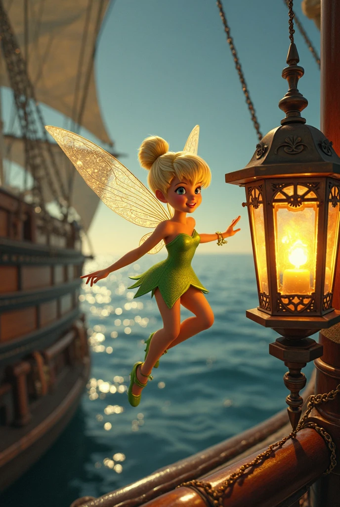(flying TinkerBell open thighs),(light green and white horizontal striped panties),((TinkerBell open thighs)),up skirt,(shoot from below),wind from below,sea sky,masterpiece, top quality, highly detailed,(pirate dress),Blonde hair in a high bun, Blue eyes, fair skin, arched eyebrows, pink lipstick, translucent wings,puffy nipples,camel ropes,open thighs,独奏,Wide-open legs,pirate captain hat,pirate boots,navel abdominal muscles