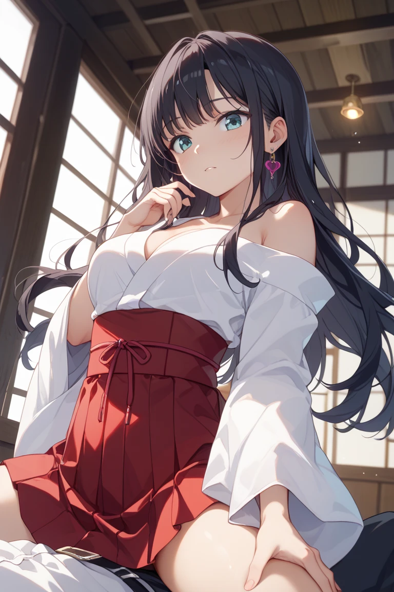 (最高masterpiece, highest quality,Official Art),((Attractive woman),)((masterpiece, highest quality))、Gray Hair、Wavy Hair、(Mysterious Beauty:1,3)、Japan priestess style、red colored hakama、((Armpit milk))、Red eyes、smile、Red cheeks、Sparkling eyes、Narrow eyes、Japanese Shrines、Waist to head、Near and far in the air、Great illustrations、Light、Medium chest