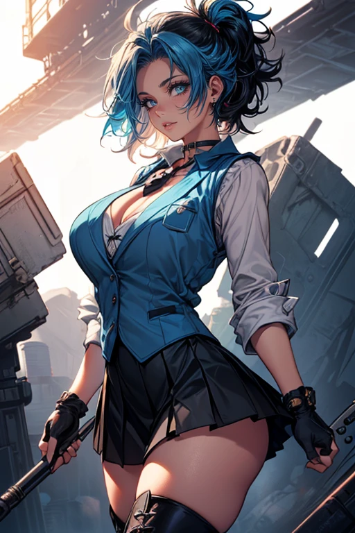 masterpiece, high quality, woman dynamic pose (sitting on cyberpunk scifi tractor in corn field, neon sign) with cinematic lighting, dramatic lighting, (bikini, overalls),blue eyes [boku no hero academia] , (short hair ponytail), large breasts, to8contrast style,  <lora:theovercomer8sContrastFix_sd21768:1>
