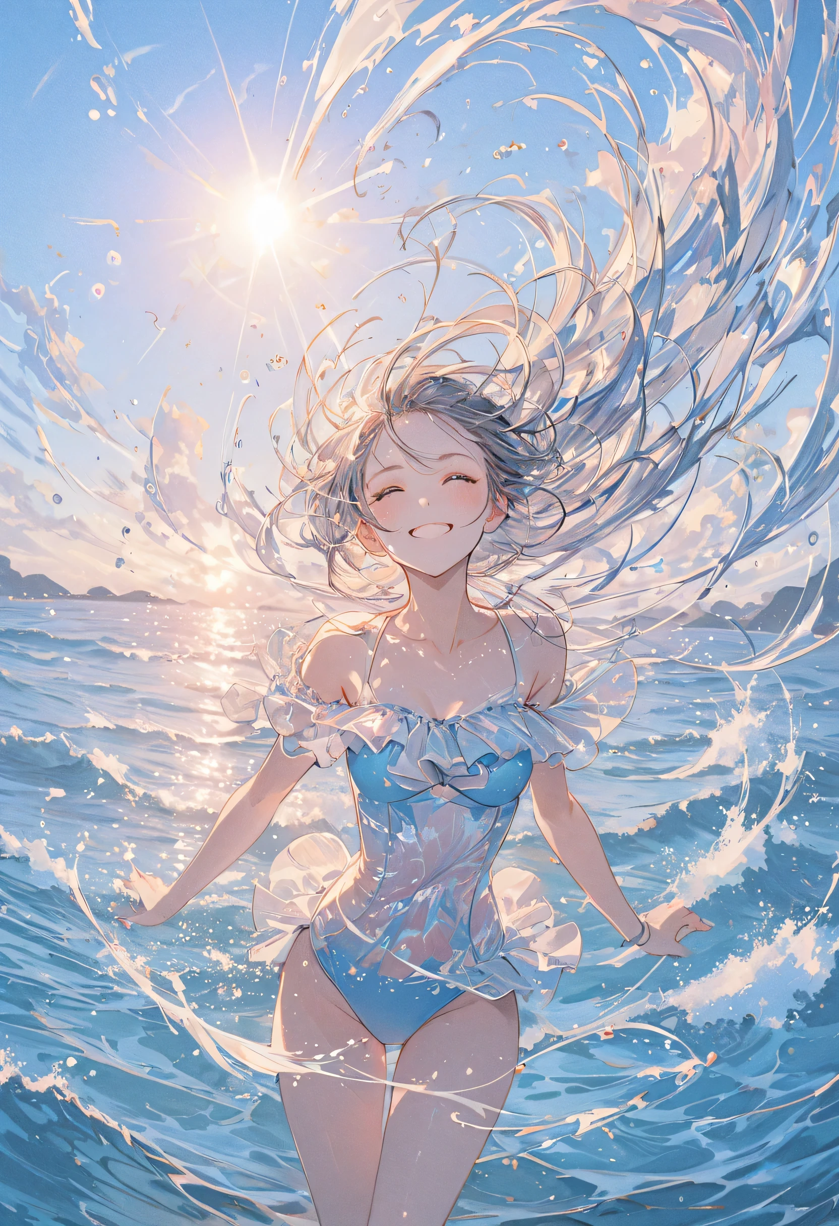 beautiful girl,On the theme of the summer sea,art,advertisement,Colored pencil drawing,draft 、 cute swimsuit, beautiful face、light reflection、 particle of light、digital art, surreal, dynamic composition、long hair fluttering in the wind、smile、masterpiece、Ultra High Precision、portrait、Top Quality