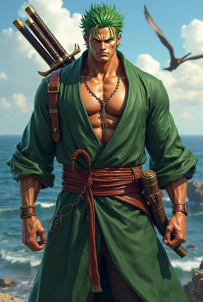 A hyper-realistic depiction of Roronoa Zoro from One Piece as a human. He has short, tousled green hair and a rugged, chiseled face with a deep scar running diagonally across his left eye. His skin is tanned and rough, marked by battle scars and grime. His muscular body is covered in dirt, sweat, and dried blood, showing signs of exhaustion from a fierce battle. He's dressed in a torn white shirt and worn-out green haramaki around his waist. His black bandana is tied tightly around his head, partially soaked with sweat and blood. Zoro grips two swords in his hands, with a third sword clenched between his teeth, his eyes burning with a fierce determination. The scene is set in a gritty, war-torn landscape with smoke, rubble, and dark storm clouds overhead. He looks like a true warrior—dirty, nasty, and undeniably badass, with a human realism that brings out every scar and detail, full body,

