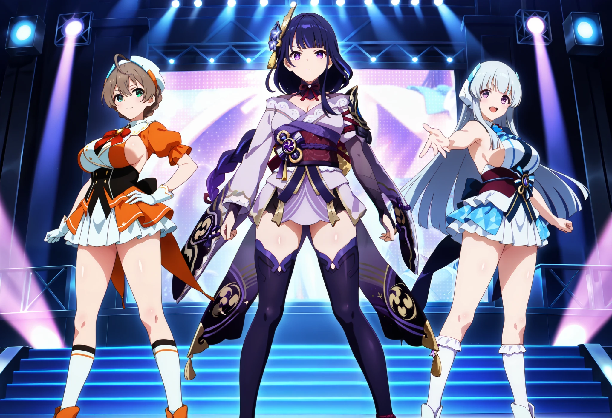 score_9, score_8_ up, score_7_ up, source_anime, (anime coloring, anime screencap:1.2), flat color, shiny skin , masterpiece, Top Quality, anatomically corrected, perfect body,face, (3girls),((Noa Ushio :1.2)),((raiden shogun:1.2)),((Sakuramori Kaori:1.2)), sister,sideboob,idol clothes,long kneehighs,thighhighs,skindantation,socks,curvy,large breast,huge breasts,stage,pose,
