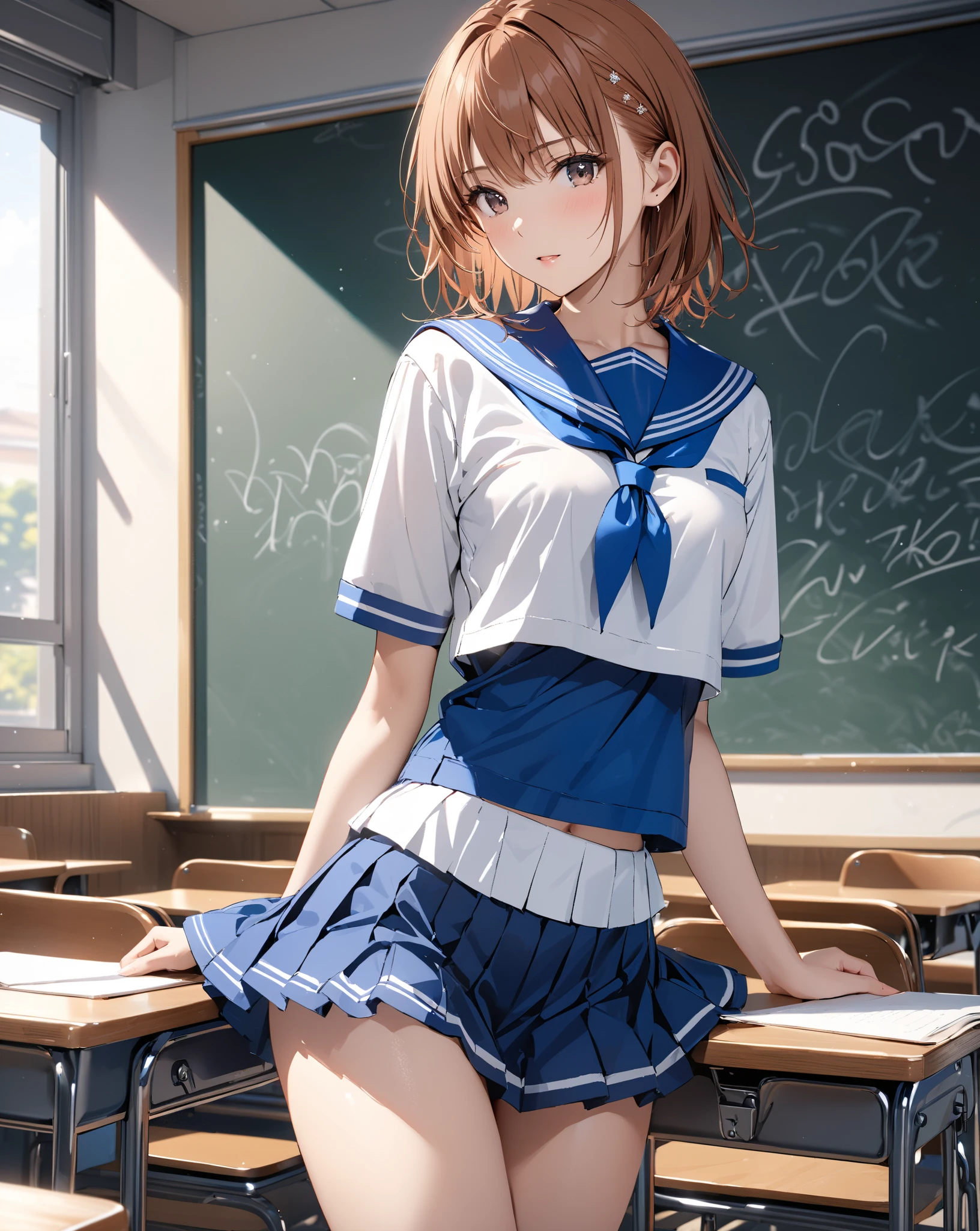 (masterpiece、Best image quality、High Quality Score:1.3)、(Crisp image quality)、Perfect beauty: 1.5、Brown haired、(Japanese School Uniform)、Sailor suit、(Fluttering skirt)、Red hair ornament、Beautiful girl、cute、The best smile、(No background)、(Pure white background)、(Physical Education Classroom Lessons)、Fancy panties、Perfect Proportions,One Woman、、Dark blue pleated skirt、