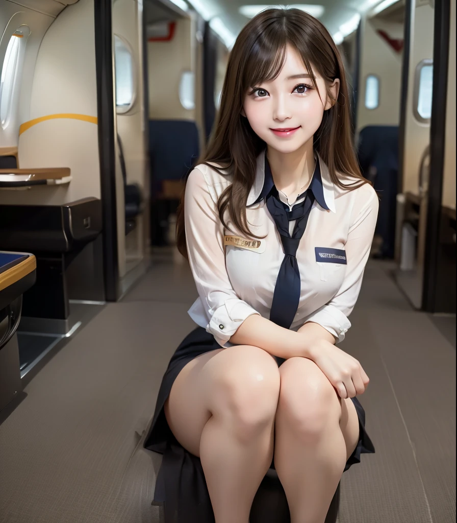 ((of the highest quality, 8K, masutepiece: 1.3, Raw photo)), Sharp Focus: 1.2, (1 AESPA Girl :1.1), Solo, (Realistic, Photorealistic: 1.37), (Face Focus: 1.1), Cute face, hyperdetailed face, (short messy hair: 1.2), Small Smile, Small breasts, flat chest, nude, (flight attendant uniform: 1.1), squatting, Thigh, showing chiffon panties, airport, terminal