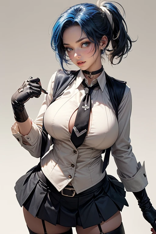 Full body of a Syrian WOMAN, blue curly hair, ((((pleaded skirt)))), big boobs, angry look, looking down at viewer, old syrian bedroom, natural skin texture, 24mm, 4k textures, bright cinematic light, RAW photo, photorealism, photorealistic, intricate, elegant, highly detailed, sharp focus, ((((((cinematic look)))), soft tones, insane details, intricate details, hyperdetailed, low contrast, soft cinematic light, bright colors, exposure mix, hdr, below view angle, full body head to toe, (((model has her hands cupping her butt))), wearing choker, thick thighs, over the knees socks, ((white lace panties))