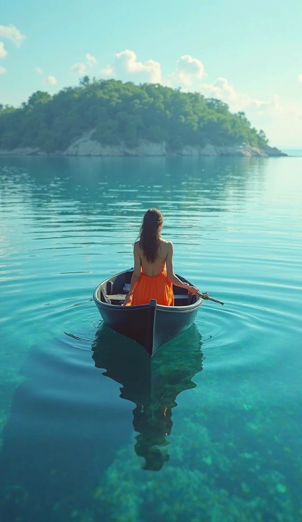 Girl age 25, Brown wavy hair, Brown eyes, sitting in a little ship in Cuba in the water