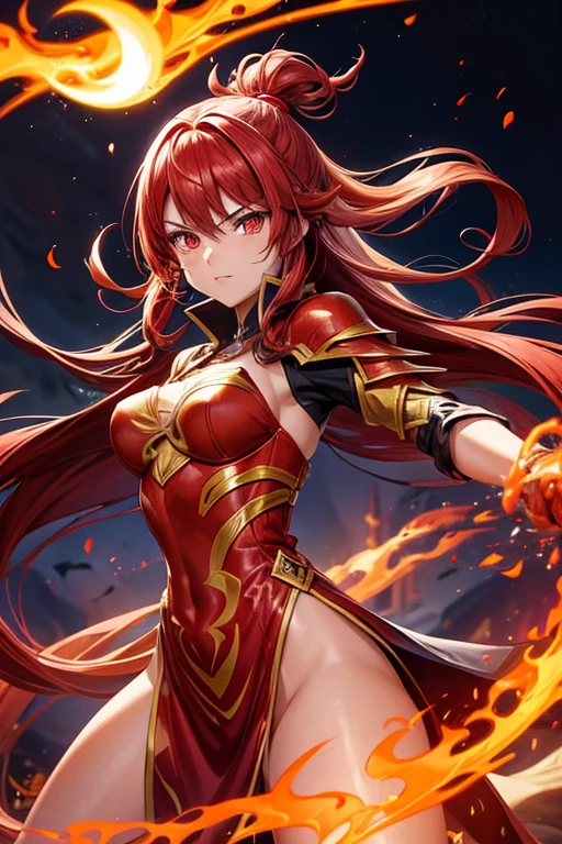 Fiery redhead long flame goddess in fiery bright red underwear wields a whip like hell flames at will、Combat stance、masterpiece、realisitic