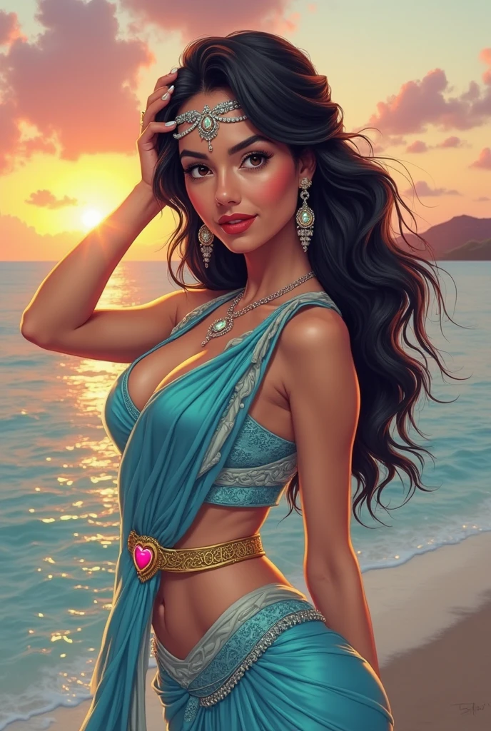 Full body pose, Latina, 40 years old Daisy Marie, 34dd's naturals, round firm butt, as a Egyptian Queen goddess with golden trimmed see-through body hugging skin-tight white dress, body silhouette seen under and ornated with Egyptian Royalty jewelry, masterpiece, best quality, highly detailed, official art extremely detailed CG unity 8k wallpaper, 8k resolution, absurdres, full body, female, queen, goddess, idol, solo, makihitsuji, short eyebrows, V v-shaped eyebrows, gradient_eyes, tsurime, heart-shaped mouth, lipstick, 2D blush stickers, blush, jitome, naughty face, nose blush, smug, thinking, seductive smile, smirk, grin, hair over shoulder, long hair, hair between eye, braided bangs, blunt bangs, shiny hair, hair behind ear, crescent hair ornament, hair flower, hair rings, bracelet, drop earrings, puppet rings, sapphire brooch, jewelry, necklace, bangle, pendant, stud earrings, sunburst, hoop earrings, gauntlets, arm strap, skirt lift, lace trim, spaghetti strap, armlet, nail polish, make up, stain glass, mosaic background, colourful glass, ceiling window, water vapor, city, temple, stadium, fountain, standing, arched back, head tilt, leaning forward, hand on own stomach, hand to mouth, looking to the side, dramatic angle, stare, look at viewer, cocked eyebrow, castle, swimming pool, tunnel, in summer, sun, sky, meteor shower, hills, on a desert, plateau, cliff, canyon, oasis, waterfall, stream