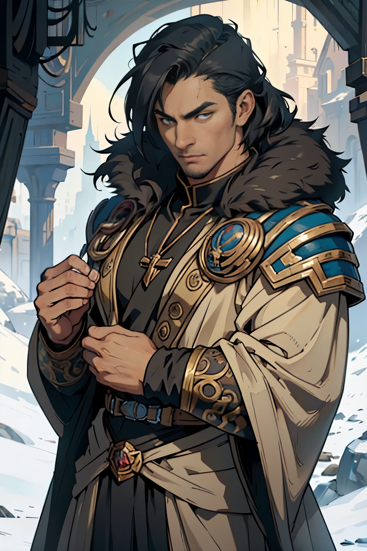 ((Best quality)), ((masterpiece)), ((realistic cartoon)), ((perfect character)):
In this stunning and highly detailed realistic cartoon, we present a male human. The man stands tall, a middle-aged man, and he's Tempestus Scions from Warhammer 40K, and powerfully built, he has tan skin, and long raven black hair. he had grey eyes, wore a priest, black lion skin robe over his shoulder, and had a strong balanced muscle body.
Every element of this masterpiece is carefully designed to create a sense of realism and immersion. The intricacies of the man's clothing, the mesmerizing effects of the area around him and he was in landscape in winter season, and the level of detail in his weathered face all contribute to a captivating visual experience. This artwork is presented in stunning UHD resolution, allowing you to appreciate every nuance and intricacy in breathtaking detail.
Eye level, scenic, masterpiece.
