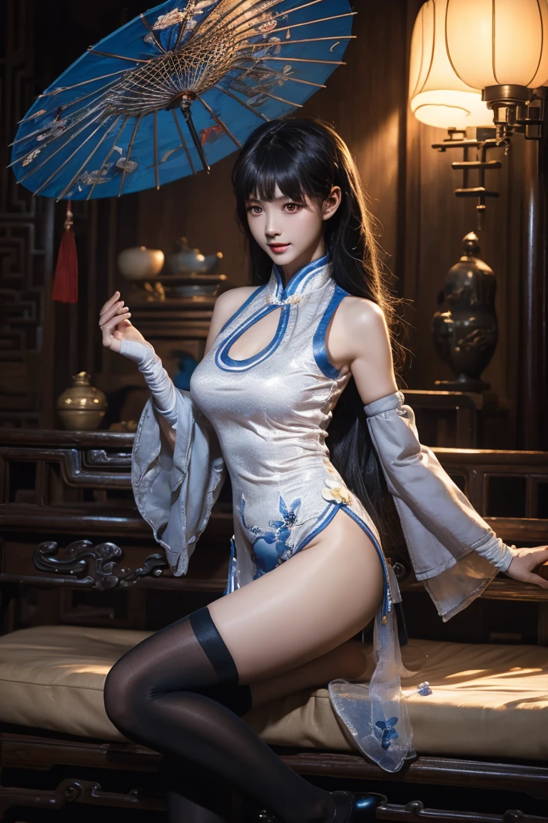 Fantasy novel style Chinese woman 20 years old Chinese ancient fantasy space,Blue element, pretty eyes, Cherry mouth,Bigboobs,White skin of the