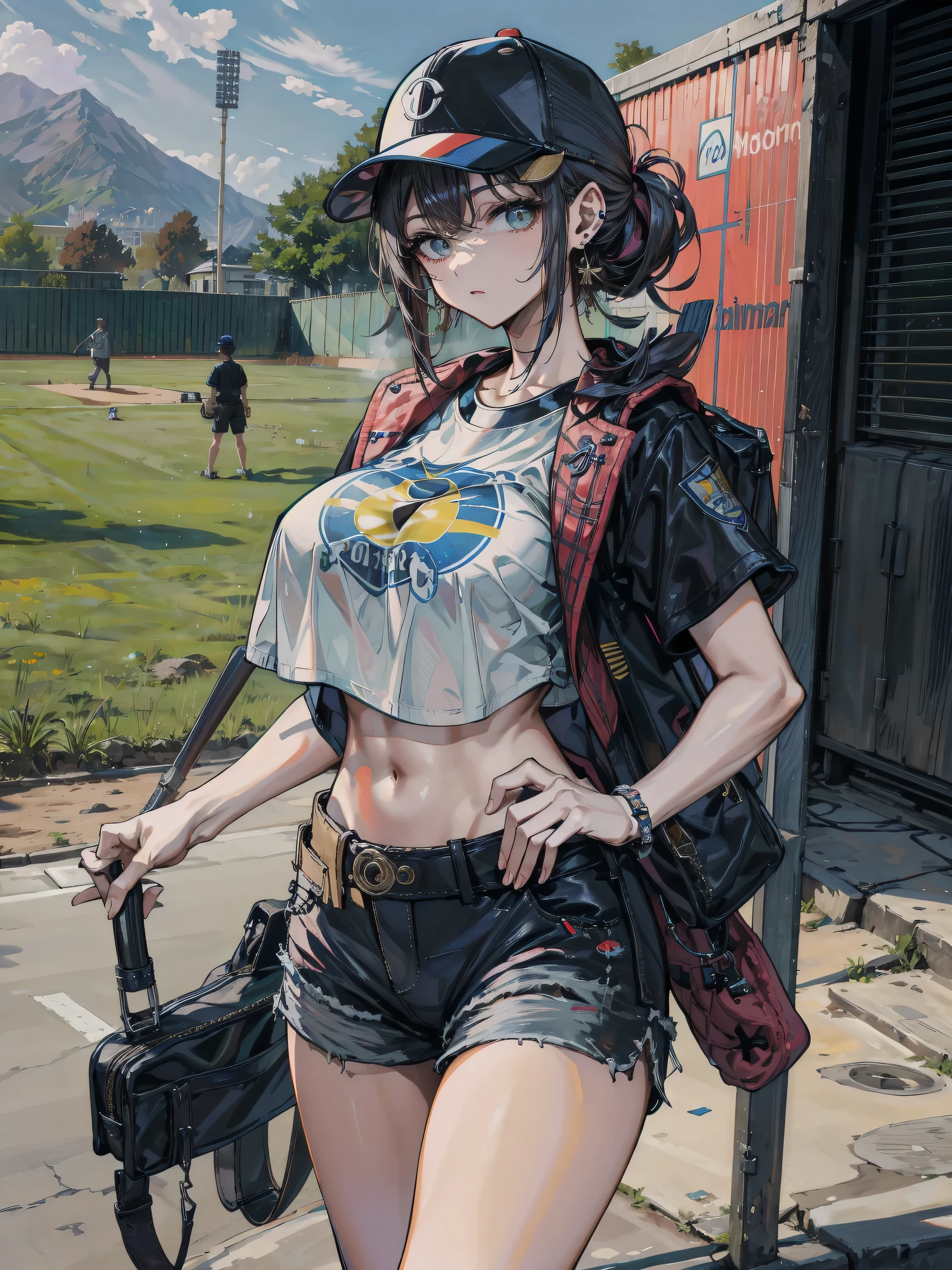 ideal ratio body proportions, perfect anatomy, correct body, earring, large breasts, narrow waist, short hair, black hair, wavy hair, hair behind ear, half updo, hair ornament, looking at viewer, cowboy shot, outdoor, baseball cap, black T-shirt, crop top, shorts,
