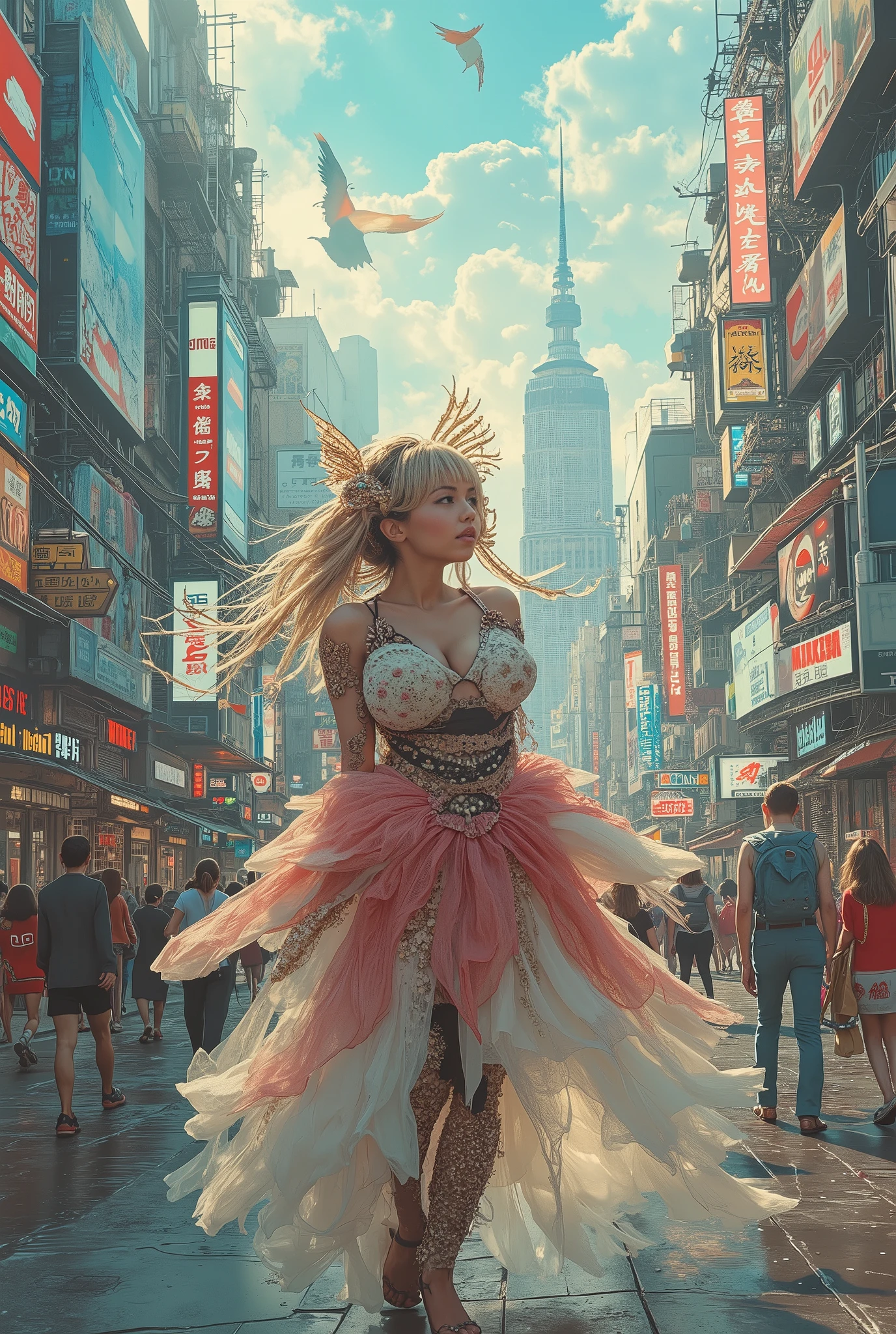 a city of video games, strange pixelated video game characters walk the streets, digital skies, an awestruck woman in an elaborate sheer costume walks the streets looking at the sights, wonder in her eyes