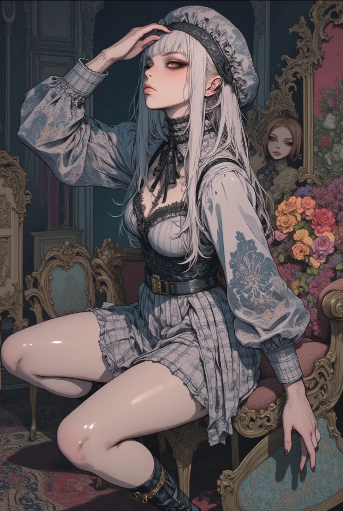 Monochrome pencil drawing, Girl's painting, sitting on the floor, Landscape, hold one's knees, ponytail, simple dress, masterpiece, Precise, detailed, delicate, highest quality, Highest image quality