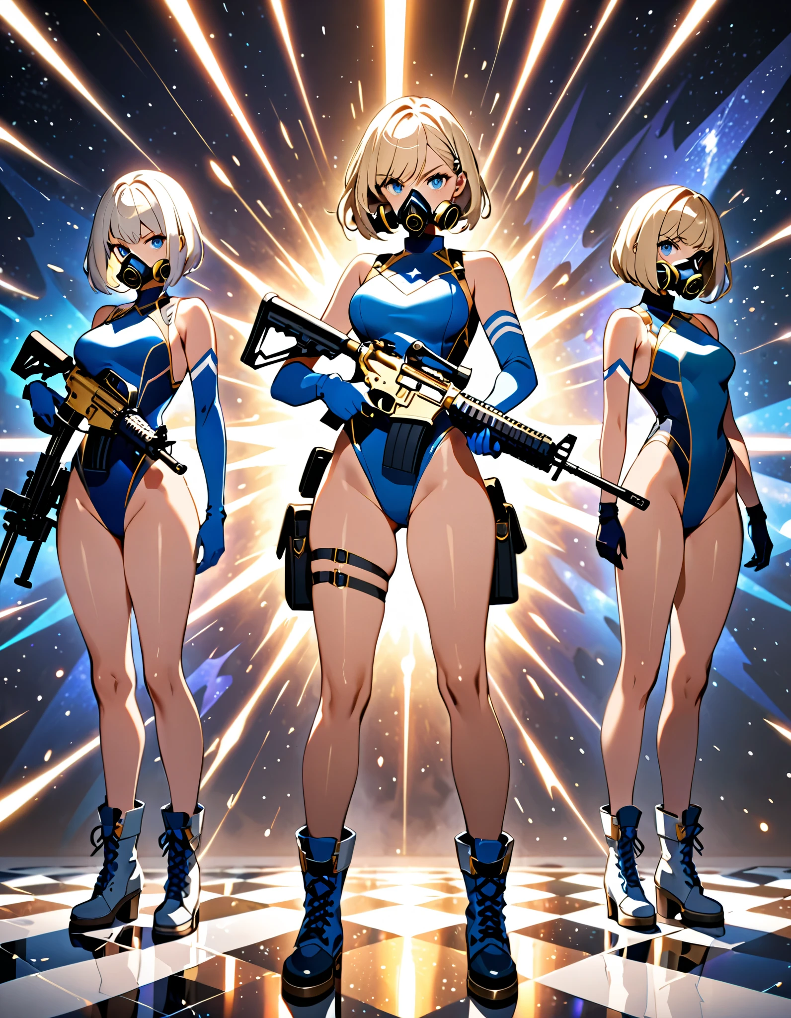 Imperial Guard Combat Uniform Swimsuit, o-ring bikini, v gundam, swimsuit, absurdres, highres, solo, cowboy shot, 1girl, neneka nibrou \(cosplay\), wristband, headphone, holster, backpack, holding gun, aiming, perfect hands, wind, (highres,best_quality,masterpiece), pink HAIR, headband, long HAIR, green eyes, mecha musume, mechanical parts, mecha armor, shoulder plates, robot, mechnical wings
