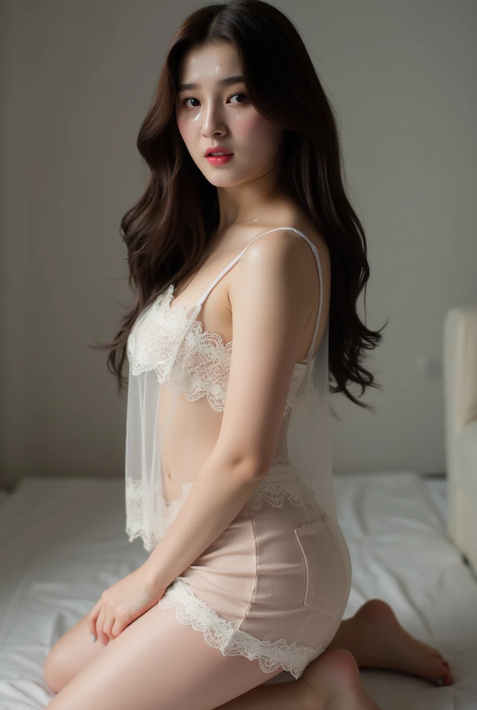 Young kawaii Japanese girl with long hair getting ready for bed, cute transparent nightie, dark, dim lighting, soft skin, Transparent fabric, large breast size B