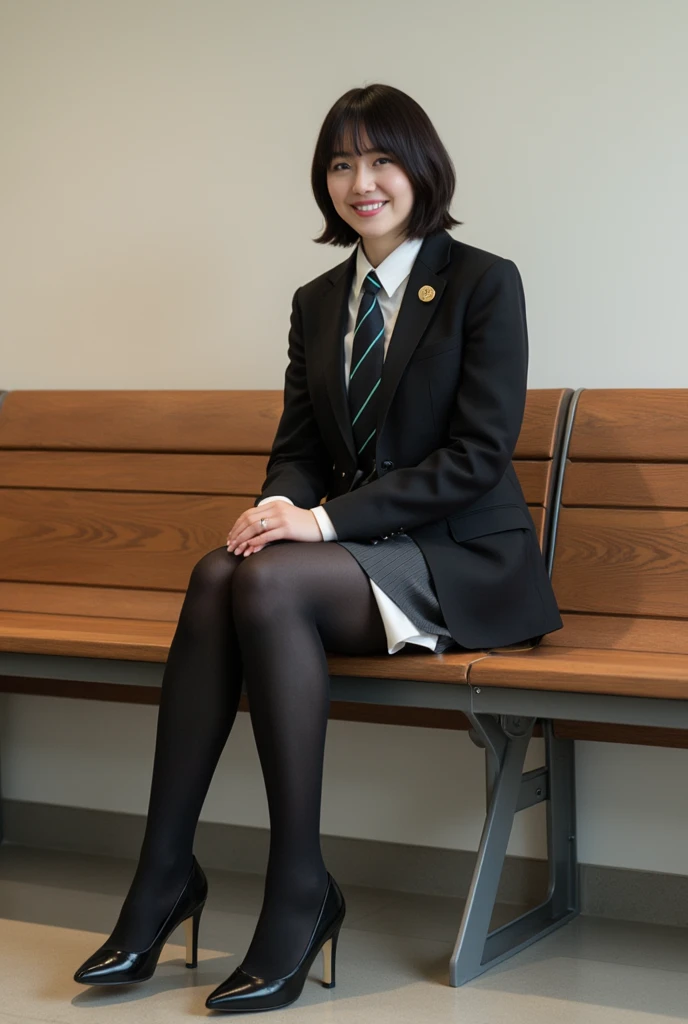Pure young Japanese girl, sitting in nobody’s park, formal makeup, natural hair style, sexual attractive, shiny white skin, wearing formal jacket and blouse and skirt, shiny pantyhose, high heels, sweet smile, sweet temptation, soft sunlight, professional portrait photography