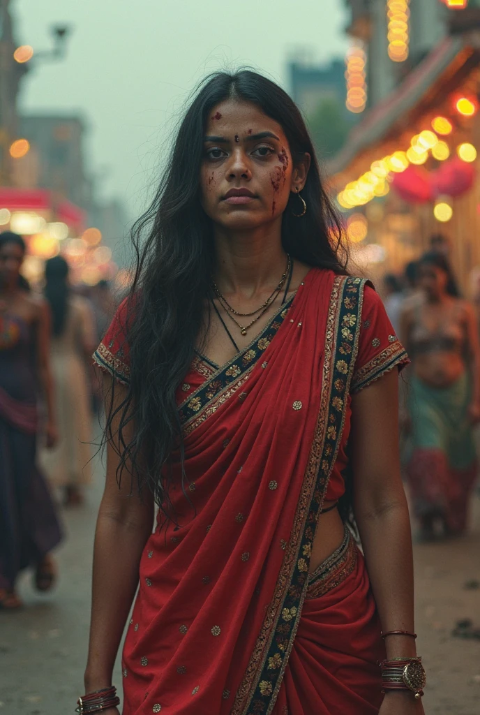 A hyper realistic street photo of people with intense expressions, engrossed in playing Masan Holi with human ash around human funeral fires, with human ash make up on their body, holding power drum and trident, wearing garland of human skulls and lion skin, a funeral fire and fire sparks in the foreground, same people and city of banaras in the background, taken with a high resolution digital camera at focal length of 24mm and aperture of f/6.3, dramatic natural light, moody dark colors