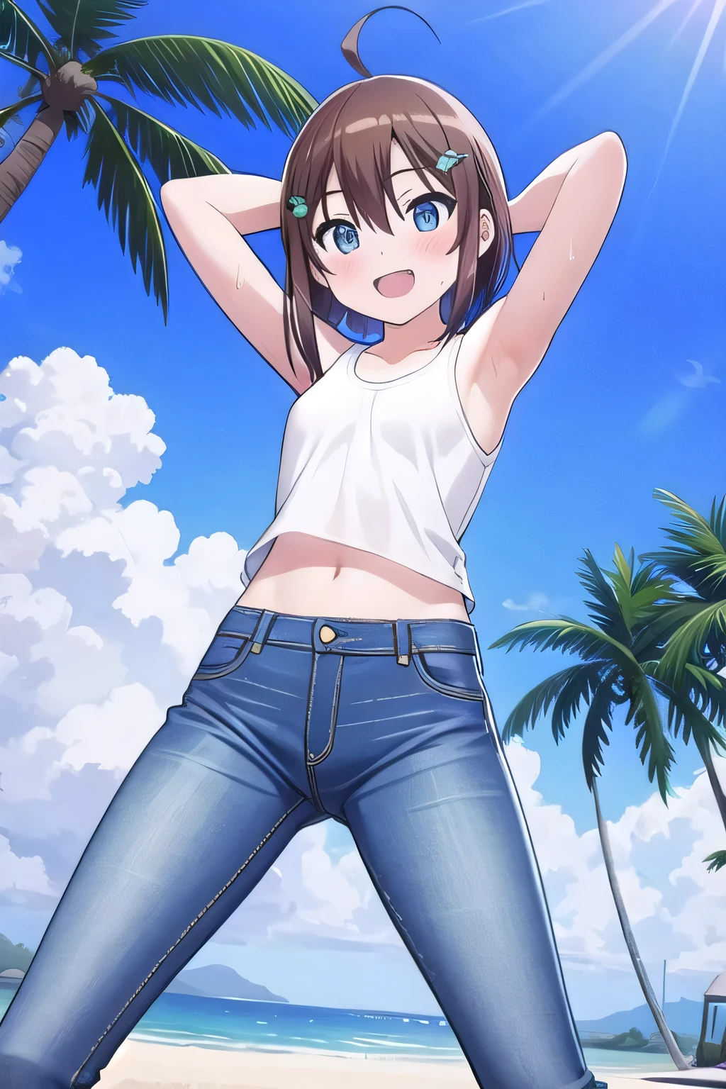 masterpiece, best quality, ultra detail, ((Perfect Face, perfect eyes, perfect hair, perfect arm)), 1girl, , peti ((round face, ecstasy, orgasm face, drooping eyes, shame smiling, blush)), dropping eyes, sleepy, Open mouth, ((White teeth)), background((under the beach, (day:1.2), palm tree, bright sky)), miku hatsune, ahoge, aqua eyes, (brown hair:1.4), crossed bangs, hair between eyes, hair ornament, (short hair:1.4), (straight hair:1.7), ((arms behind head, hands behind head, fingers behind head)), ((contrapposto)), spread armpits, looking at viewer,, (white tank top:1.2), (white crop top:1.2), (jeans pants:1.2, flares jeans:1.2, skinny jeans:1.2, blue jeans:1.2), standing, (legs spread:1.4), sex pose, Sweaty crotch, Steam from the crotch, from below, whole body