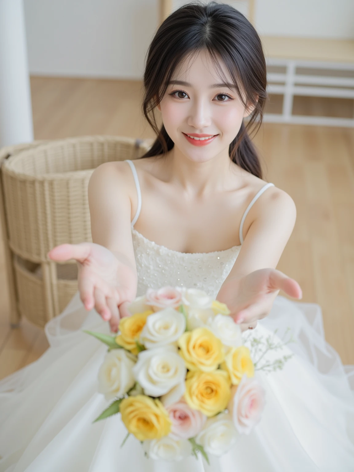 masutepiece、hight resolution、Florist clerk、22-year-old girl、１Girl clerk、Looking at the camera、smil、Finish as shown in the photo、Flowers and girls、the skin is white and beautiful、Hair is long and beautiful、A dark-haired、Hair should be tied back、A slender、colorful flower