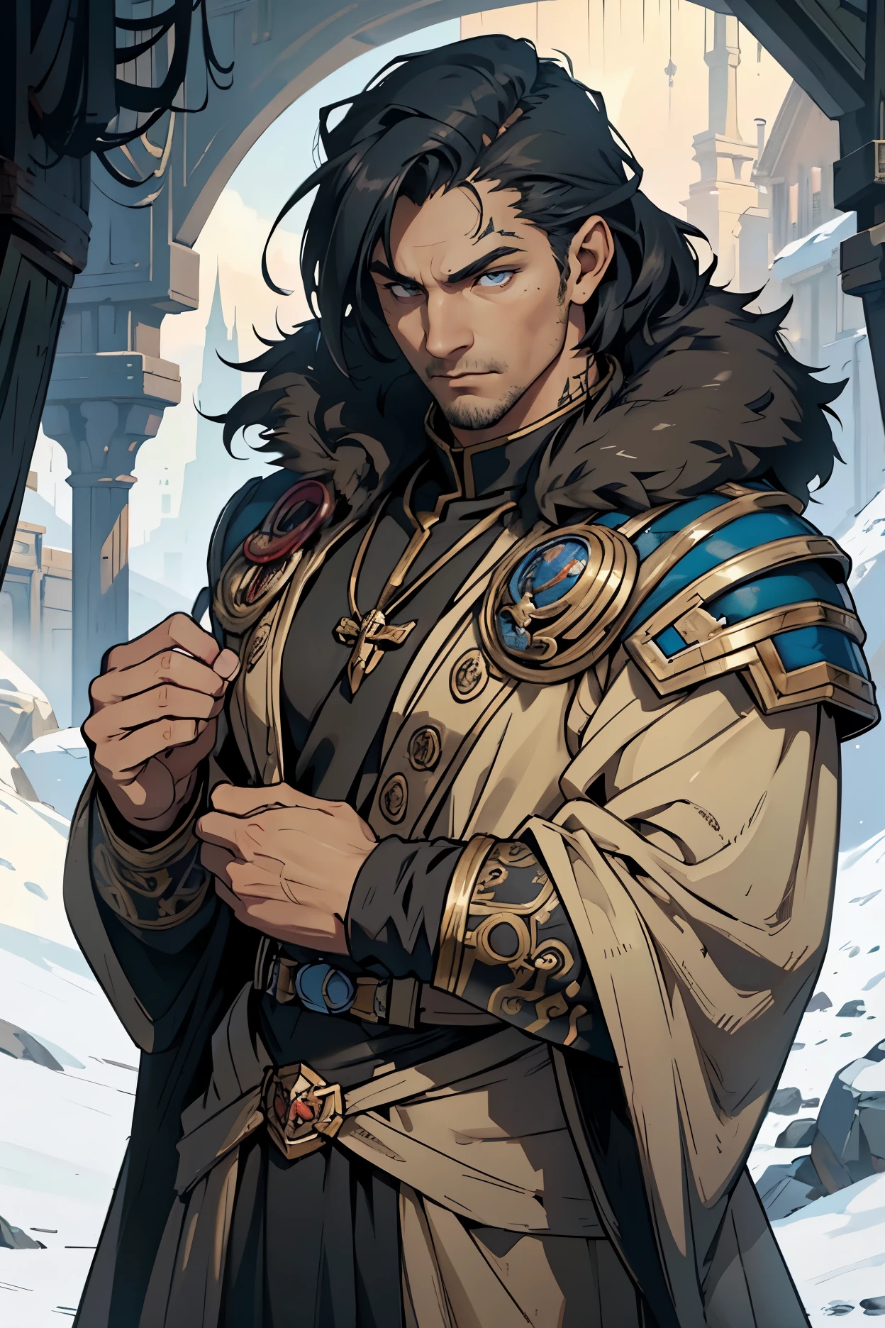 ((Best quality)), ((masterpiece)), ((realistic cartoon)), ((perfect character)):
In this stunning and highly detailed realistic cartoon, we present a male human. The man stands tall, a middle-aged man, and he's Tempestus Scions from Warhammer 40K, and powerfully built, he has tan skin, and long raven black hair. he had grey eyes, wore a priest, black lion skin robe over his shoulder, and had a strong balanced muscle body.
Every element of this masterpiece is carefully designed to create a sense of realism and immersion. The intricacies of the man's clothing, the mesmerizing effects of the area around him and he was in landscape in winter season, and the level of detail in his weathered face all contribute to a captivating visual experience. This artwork is presented in stunning UHD resolution, allowing you to appreciate every nuance and intricacy in breathtaking detail.
Eye level, scenic, masterpiece.