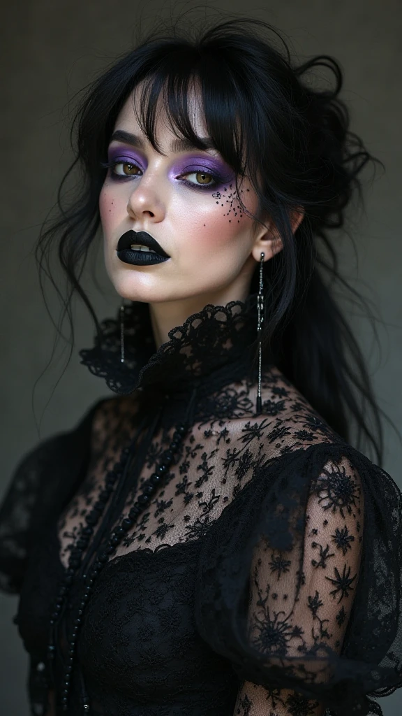 Jeune femme de 25 ans, visage fin, cheveux long, yeux marrons, HD, 8K, masterpiece, sourire romantique, sexy, mascara noir, maquillage noir, black lips, tenue gothique, vêtements noirs et violets, toile d'araignée en dentelle, cheveux noirs et violets, bodypainting, purple paint, purple tears on the cheecks, dracula, dans un parc sous un kiosque