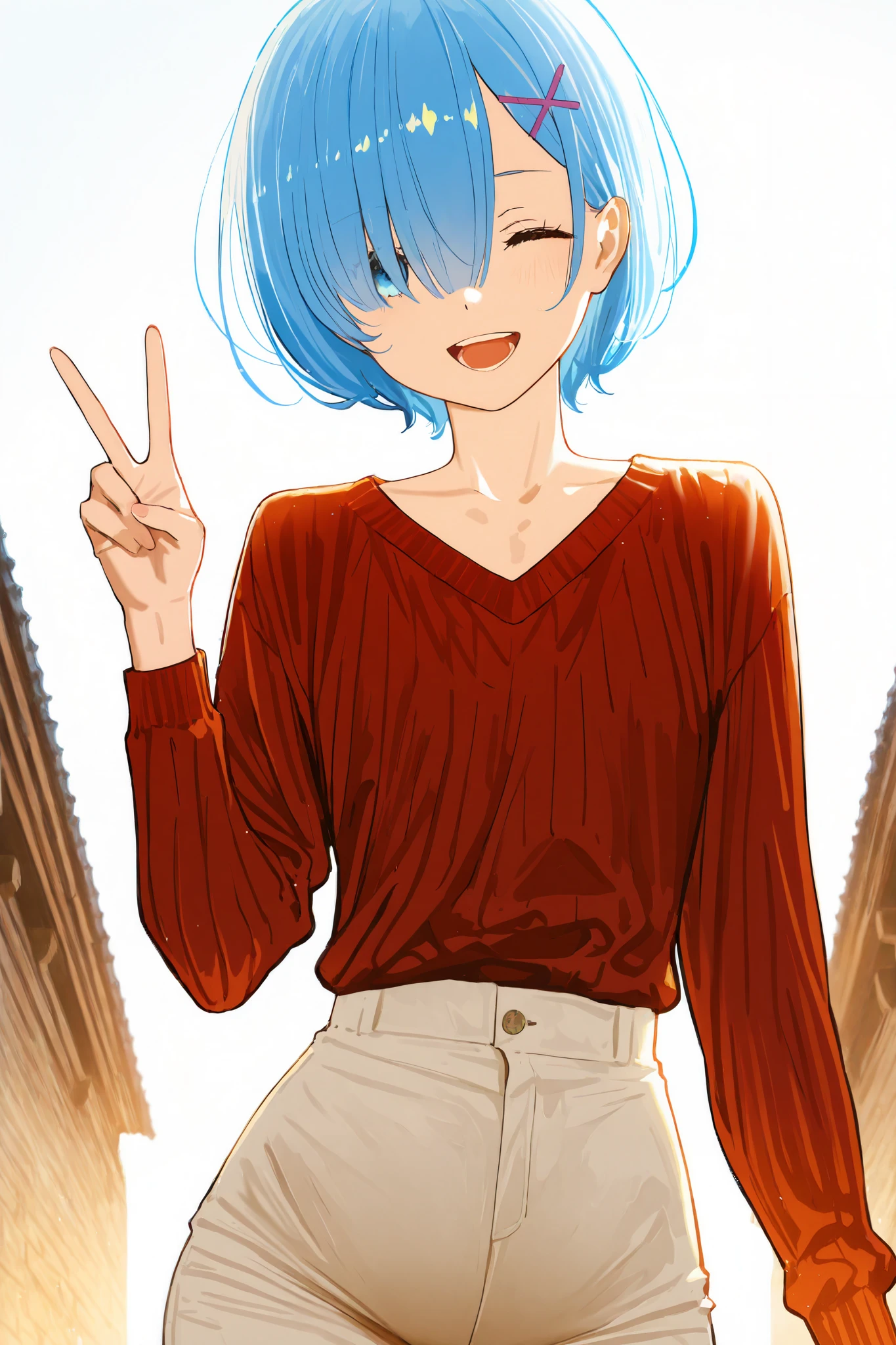 Sky blue hair, sky blue eyes.Rem_\(re:zero/).Jailbreaking, anipai style, masterpiece, best quality, ultra detailed, ultra fine contours, clean lines, delicate line art, fine details, high definition, precise edges, professional inking, smooth strokes, high resolution, crisp lines, vibrant colors, soft shading, intricate details, soft lighting, perfect anatomy, expressive eyes, professional illustration, anime style, well defined edges, high contrast, refined textures, elegant composition, natural pose, anime screenshot, source_anime, anime coloring, score_8_up, score_7_up, score_6_up, score_5_up, score_4_up, (deep skin, skin slit), depth of field, dramatic light, high quality, (dynamic pose, dynamic angle: 1.25), anime screenshot, highly detailed, vibrant colors, soft lighting, [lora:anime_screenshot_lora:4.57], best quality, very aesthetic, absurd, female body in style anime, with soft skin and a warm tone. Elegant neck, subtle collarbones, well-defined chest, and natural curves. Slim waist, wide hips, and thick thighs. Soft groin with subtle shadows. Stylized and proportioned legs, (shion (mirudakemann), loundraw:0.5), (sweetonedollar:0.5), (ask (askzy):0.3), (rella, konya karasue), iahhqxlhf, v, 1girl, blurry, red sweater, open mouth, shirt, blurry background, smile, red shirt, hair over one eye, long sleeves, single focus, alone, photo background, closed eyes, upper body, teeth, looking at viewer, tongue, hand up, sweater, one eye covered, coat, detailed background, masterpiece, best quality, amazing quality, very awa, absurd, very aesthetic, year 2024,light red pants,(white background:1.2)
