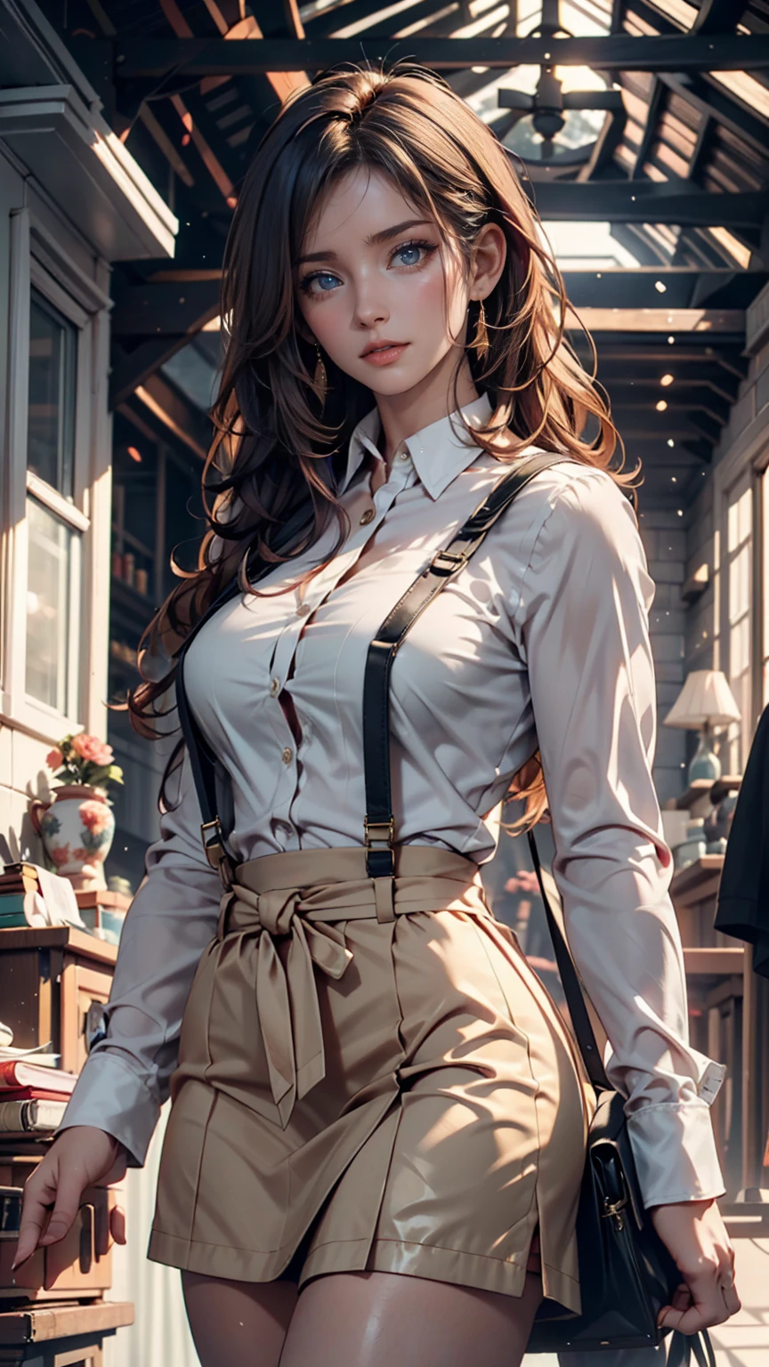 One girl, Intricate details, masterpiece, Highest quality, Very detailed,Cinema Lighting, Beautiful sparkle, Beautifully detailed face and eyes, 8k, Dark intense shadows, Yellow Eyes, Medium Hair, Black Hair, bangs, Floating Hair, Black jacket, Open jacket, White shirt, Expressionless, Yellow tie, Black Skirt, Spotlight, sunlight, sunrise, Gradient Sky, city, Lens flare, Cowboy Shot, [[Curvy]], [Mature Woman]