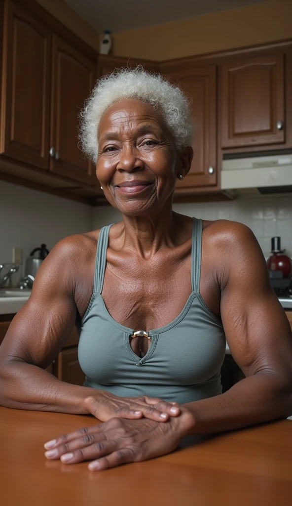 Androeda, solo, realistic, black girl, ((85-year-old girl)), ((mature)), ((old woman)), ((wrinkled woman)), african american old woman, old black woman, dark-skinned, (((upper body only))), ((at the gymnasium)), ((selfie shot)), smiling, wearing attractive tops, white hair
