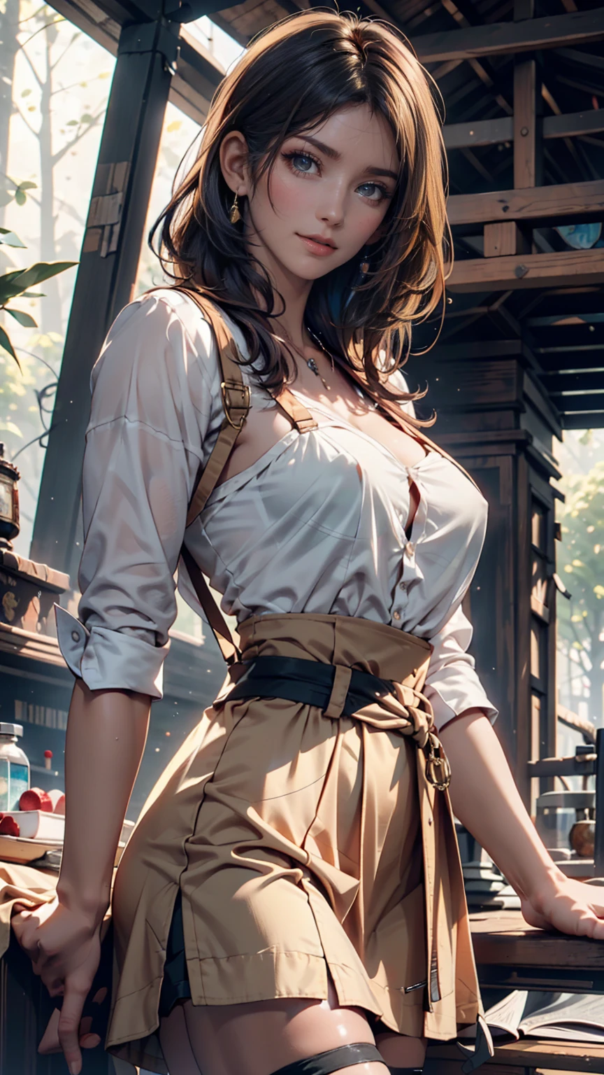 ((((masterpiece, Highest quality, High resolution)))), Extremely detailed 8K, スリムな体を持つsexyな美しい10代の新入社員, (Ultra HD, Very detailed, Very detailed, Very realistic, Ultra-realistic, Photo Real), (One girl:1.5), Blonde, Like a short bob cut, (Dynamic pose), To the camera, A light smile, (Huge breasts: 1.2), (Beautifully detailed face, Beautiful attention to detail), (White sleeveless frilly long coat, A flashy long-sleeved white frilled shirt,The chest buttons are not fastened,The shirt was wide open,Thin material,Grey frilled long skirt, Red emblem printed:1.5), (Pink nipples visible through shirt:1.2), Shine, Sweat, (Light of the sun, sunlight),sexyな長い脚, naked,Exposed breasts,sexy, blush,Looking up at the sky, Ultra-realisticな広大な風景, photogenic scenery,Sitting on a bench Outdoor Flower Park, Windy Day,Hair blowing in the wind