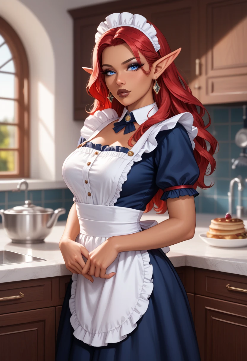 ((ultra quality)), ((Masterpiece)), ((8K)), ((elf house worker)), ((long red hair)), (Beautiful face), (Dark lips), charming, ((sexy facial expression)), looks at the camera, (skin color dark blue), (dark blue skin), glare on the body, ((detailed beautiful female eyes)), ((Light blue eyes)), (beautiful female lips), (dark eyeliner), (beautiful female hands), ((Ideal female figure)), Ideal female body, beautiful waist, beautiful hips, Medium breasts, (cloth: housemaid costume), ((subtle and beautiful)), stands temptingly (face close up), background: big fantasy, house kitchen, ((depth of field)), ((high quality clear image)), (clear details), ((High detail)), realistically, ((Clear Focus))