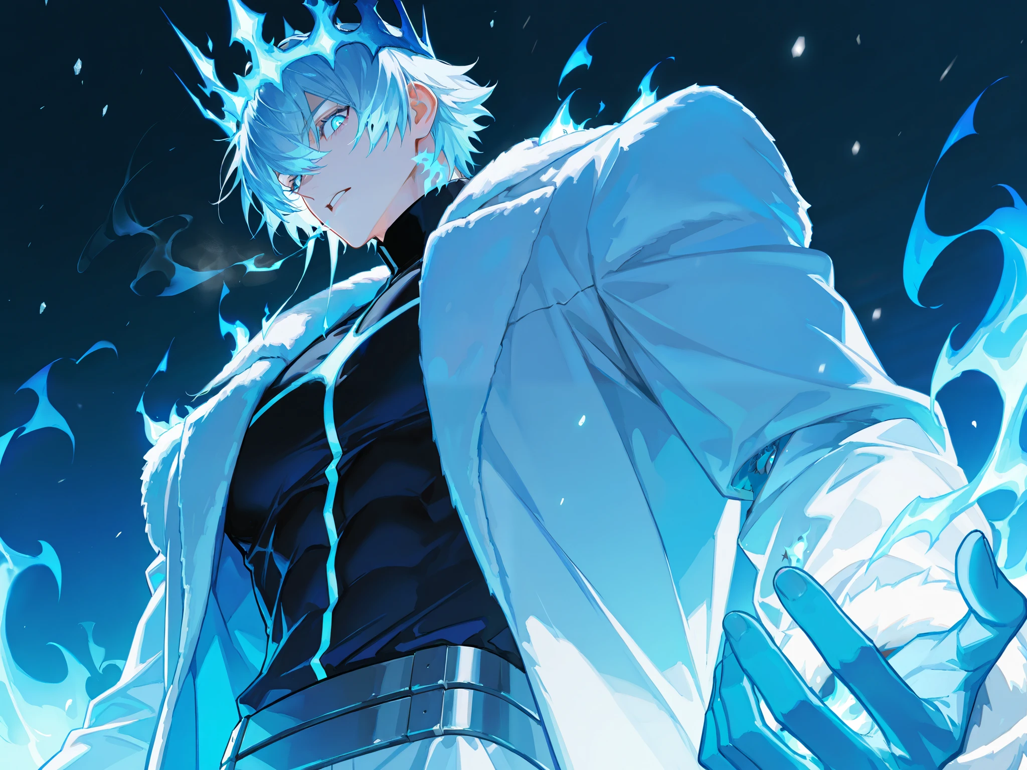 in profile , bottom view, in profile , 1 guy, One, blue flame , blue light, Man with gray hair, ash Hair combed back, Hair develops in the wind, a small crown hangs above your head in the air, blue flame crown, bright blue eyes, burning blue eyes, cold haughty look, looks down, eyes with narrow pupils, elongated pupils, bottom view вверх, a hand with a blue flame in the palm of your hand, haughty cold look, killer look, view of the guy from below, close, focus on my face, Glass retina, black shirt with silver patterns, white fur coat burns with blue flames, strong muscular build, looking at the viewer, bottom view, ((держит в руке blue light, the palm burns with a blue flame)), best quality, witch, blue magic fire around, the magic of light and dark, blocks of ice , The Ice King, a big magical blue aura in the form of a powerful blue flame, strong aura in the form of bright blue and white flames, frost, blizzard, blizzard, steam from the mouth