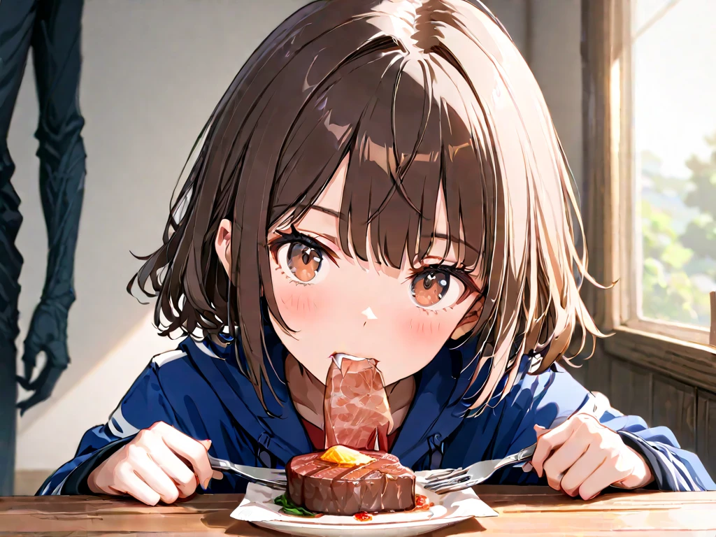 Wild woman biting into roast chicken,Please open your mouth wide, looks delicious, satisfaction, smile, red wine, Heaps of food, Highest, looking at food, eat with fork and knife,