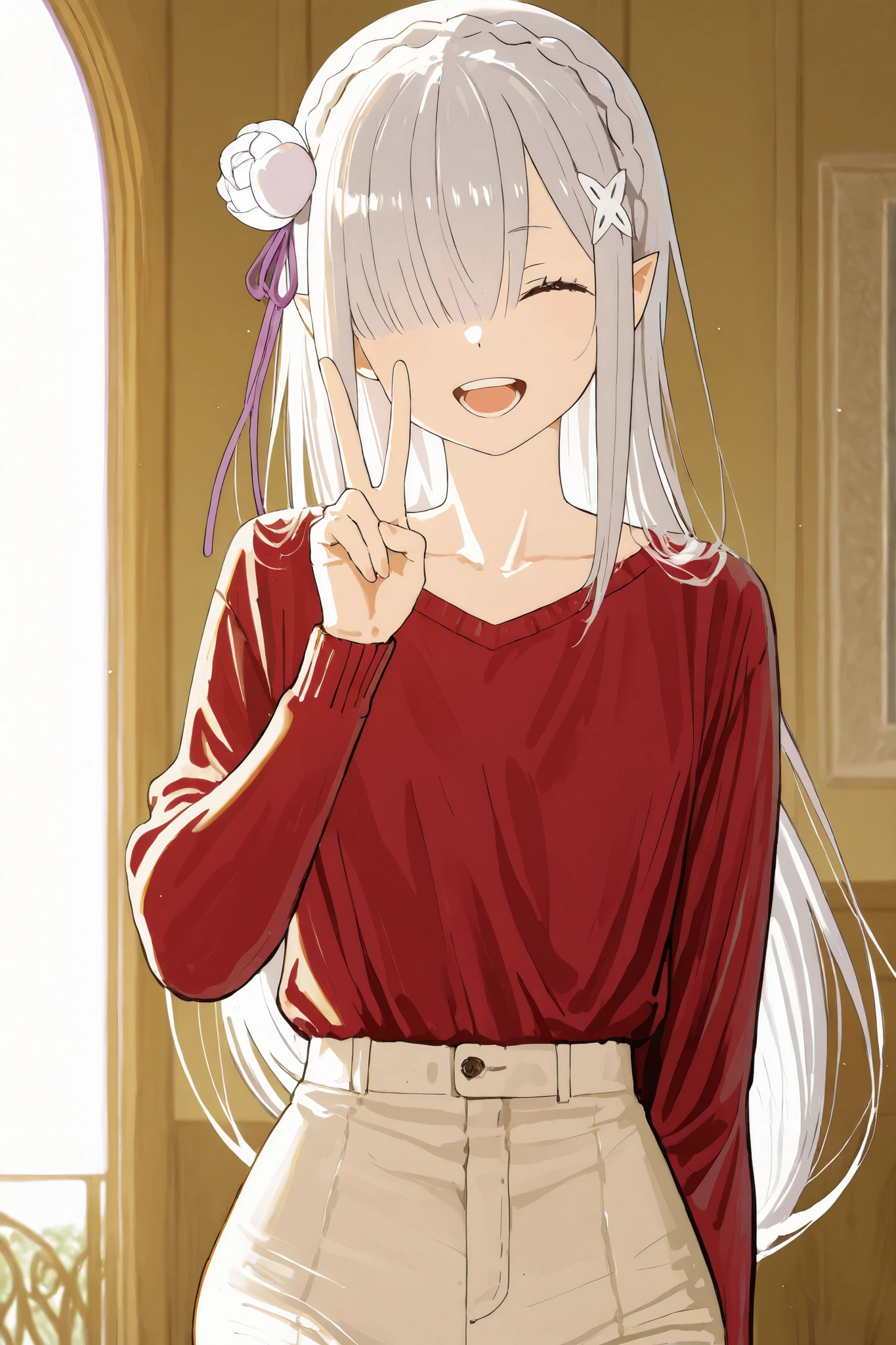 Shimilia, long hair, gray hair, purple eyes, pointy ears, crown braid, hair flower, hair band, purple ribbon, x-shaped hair ornament.emilia_\(re:zero/).Jailbreaking, anipai style, masterpiece, best quality, ultra detailed, ultra fine contours, clean lines, delicate line art, fine details, high definition, precise edges, professional inking, smooth strokes, high resolution, crisp lines, vibrant colors, soft shading, intricate details, soft lighting, perfect anatomy, expressive eyes, professional illustration, anime style, well defined edges, high contrast, refined textures, elegant composition, natural pose, anime screenshot, source_anime, anime coloring, score_8_up, score_7_up, score_6_up, score_5_up, score_4_up, (deep skin, skin slit), depth of field, dramatic light, high quality, (dynamic pose, dynamic angle: 1.25), anime screenshot, highly detailed, vibrant colors, soft lighting, [lora:anime_screenshot_lora:4.57], best quality, very aesthetic, absurd, female body in style anime, with soft skin and a warm tone. Elegant neck, subtle collarbones, well-defined chest, and natural curves. Slim waist, wide hips, and thick thighs. Soft groin with subtle shadows. Stylized and proportioned legs, (shion (mirudakemann), loundraw:0.5), (sweetonedollar:0.5), (ask (askzy):0.3), (rella, konya karasue), iahhqxlhf, v, 1girl, blurry, red sweater, open mouth, shirt, blurry background, smile, red shirt, hair over one eye, long sleeves, single focus, alone, photo background, closed eyes, upper body, teeth, looking at viewer, tongue, hand up, sweater, one eye covered, coat, detailed background, masterpiece, best quality, amazing quality, very awa, absurd, very aesthetic, year 2024,light red pants,(white background:1.2)