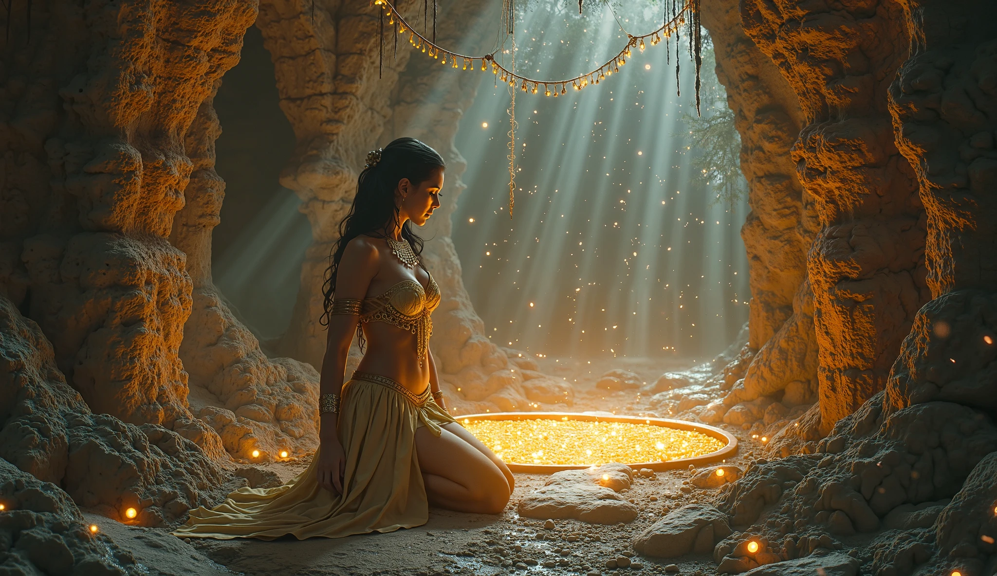 In the heart of a mystical cave, a girl donned in a shimmering, golden gown stands before a pool of liquid gold, her reflection merging with the molten metal as she weaves a spell of ancient magic, creating a breathtaking fusion of girl, cave, candles, space, and gold.