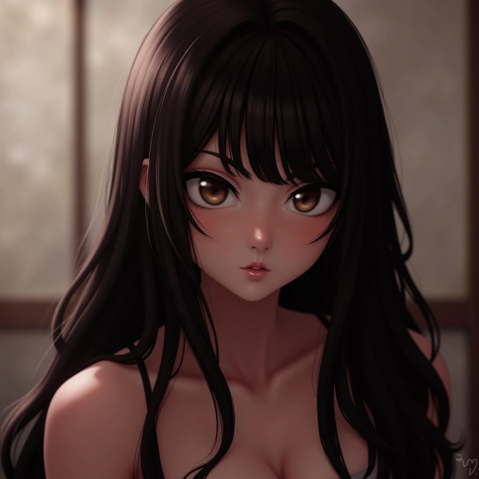 1, bare, Longhaire, smalll breasts, regarder le spectateur, black hair, Bare shoulders, Black eyes, jewels, tout le corps, neckleace, off shoulder, Pull-over, Lips, realistic, nose, Flirting with the naked camera