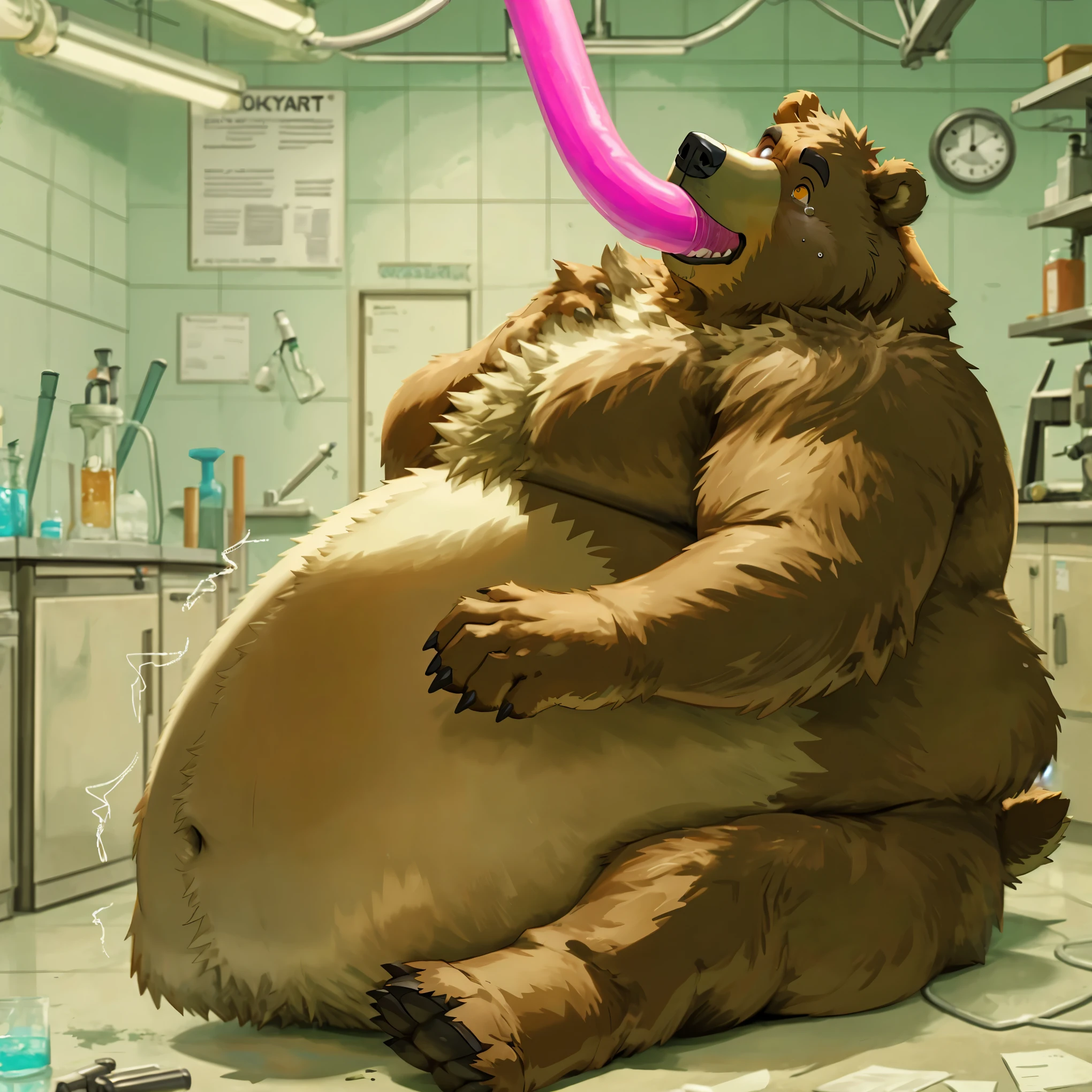 An unusually gargantuan anthropoid growing into immense body height in a small shower enclosure with small space around him, its hunched body filling the thight and small space around, its immense size allows him to push the ceiling floor, its huge and round belly is dominant; male,canine, anthropoid, dog, pitbull:1.4, (dark and thick grey and wet fur:1.8, thick furred body, fluffy fur, thick fur, wet fur, naked),( cut ears:1.0), big fluffy furred balls, chubby:1.2, round belly, huge belly, bloated belly, overweight belly, inflated belly, big body, wide and bulky body, immense and bulky body, thick neck and chest, (middle-age), (musclegut:1.4, thick body:1.2), (immense height, immense body height:1.8), (yellow eyes:1.2),detailed black eyes, looking at viewer, tail, ( full body:1.2), growing:1.6, immense grow, overgrown body size, (by darkgem),(by OnePotatoATime),(by adios:1.2),(by taran fiddler),4k,masterpiece,full hd, BREAK
