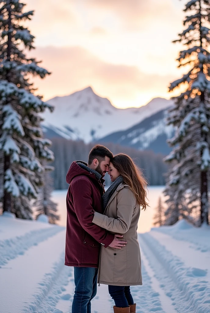 Craft a captivating image of a man and a woman embracing atop a snow-capped mountain. As they share a tender hug, the woman stands on her toes, adding intimacy to the scene. Dressed in cozy winter attire, their faces illuminated by a warm glow against the majestic mountain backdrop. Capture the romantic moment with vivid detail, evoking love and adventure in the snowy wilderness